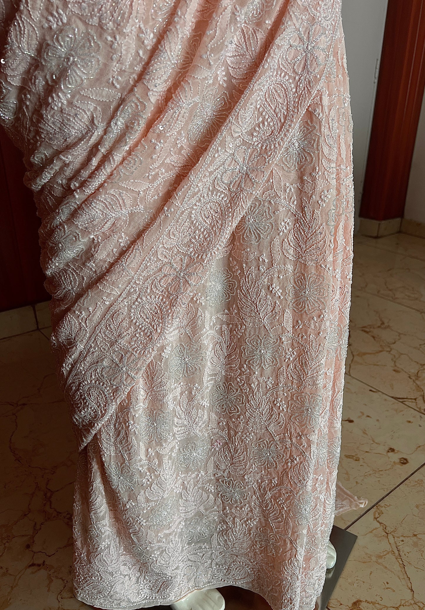 Ruhani Light Peach Chikankari and Cut Dana Saree