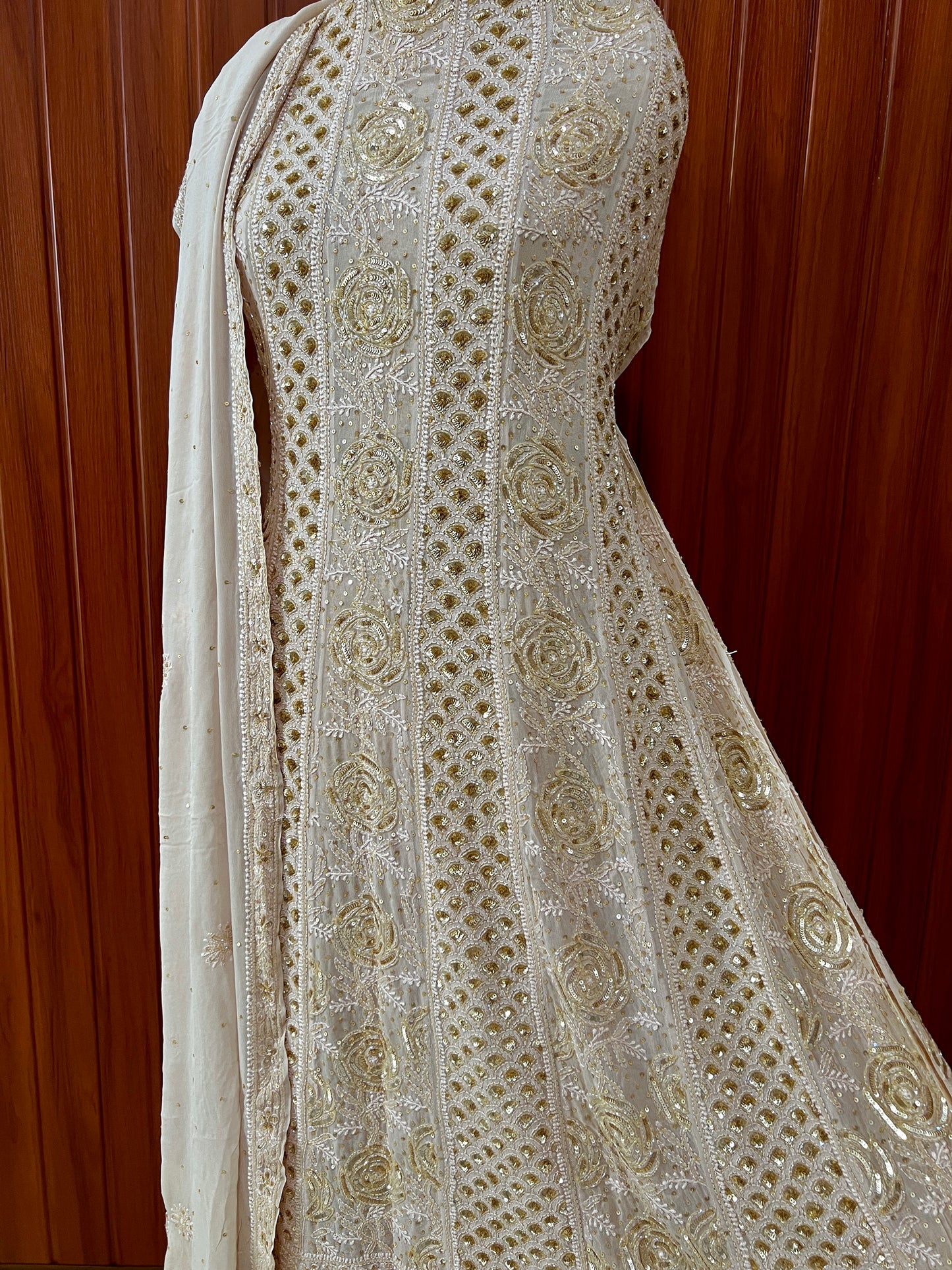 Ruhani Golden Beige Chikankari Sequins and Cut Dana Anarkali