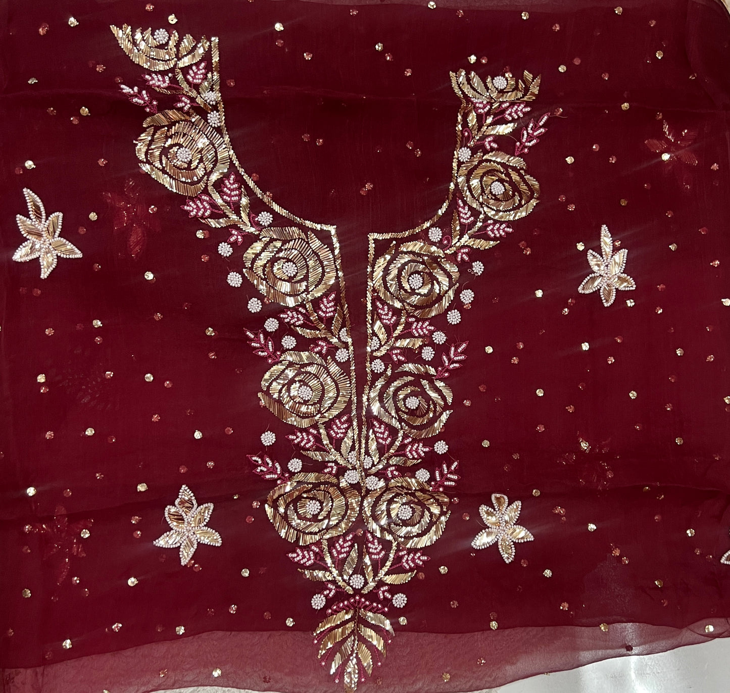 Maroon Badla and Mukaish work pure Organza kurta with dupatta