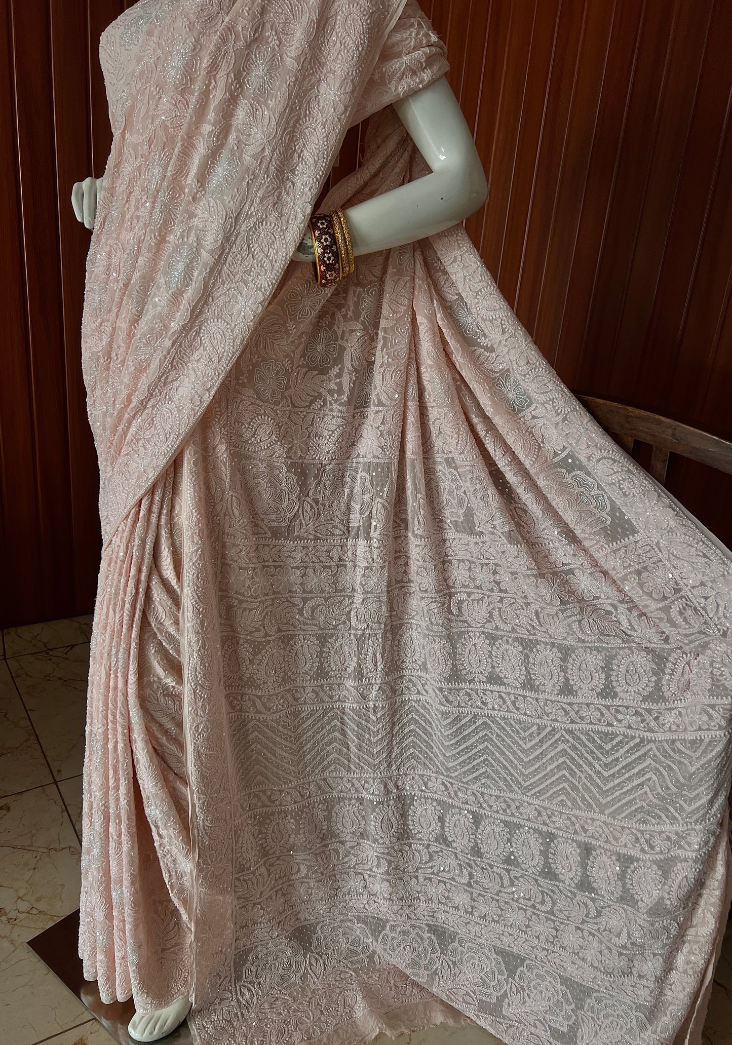 Ruhani Light Peach Chikankari and Cut Dana Saree