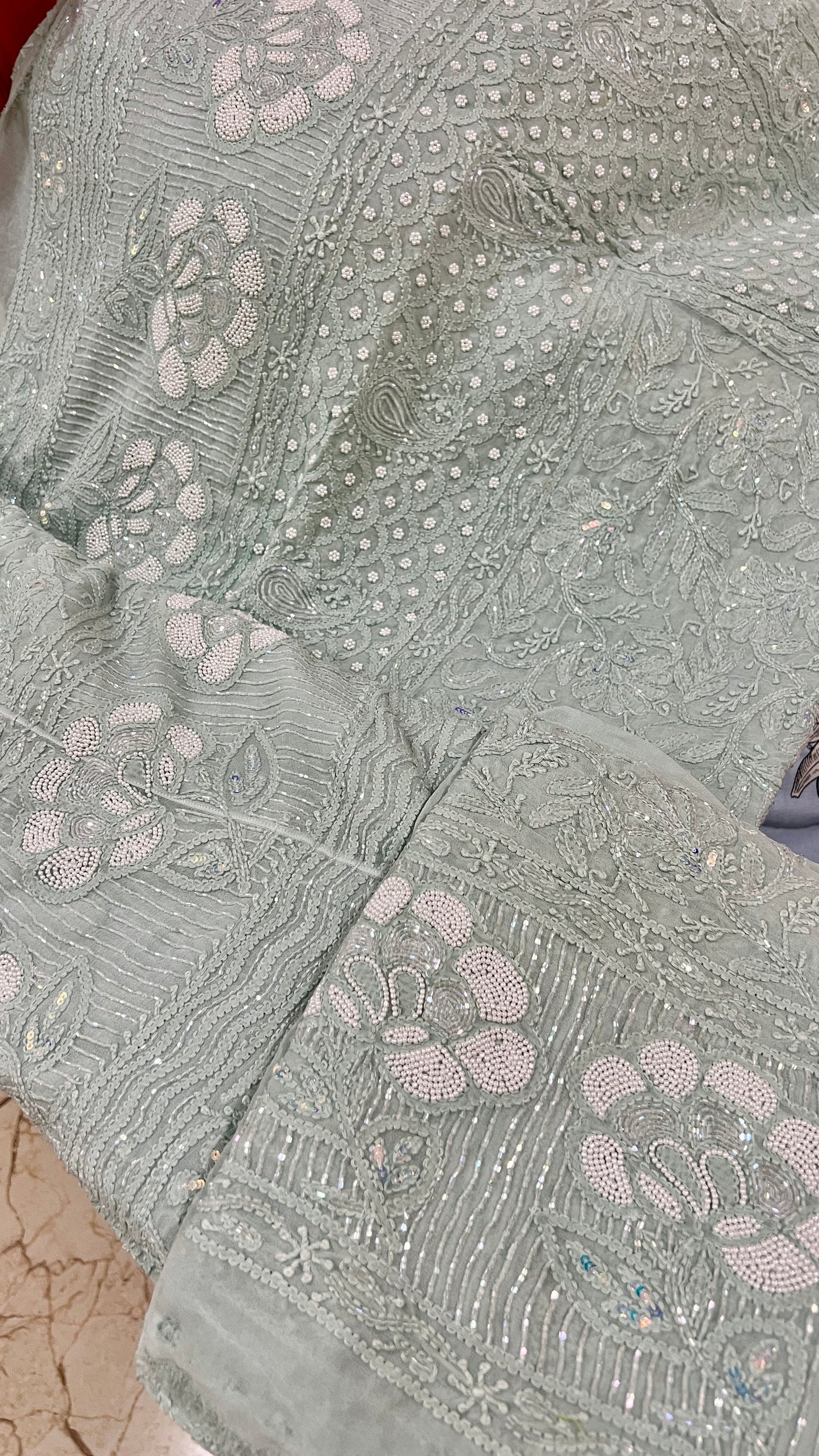 Ruhani Ice Mint Chikankari Cut Dana Pearl Sequins Wedding Lehenga