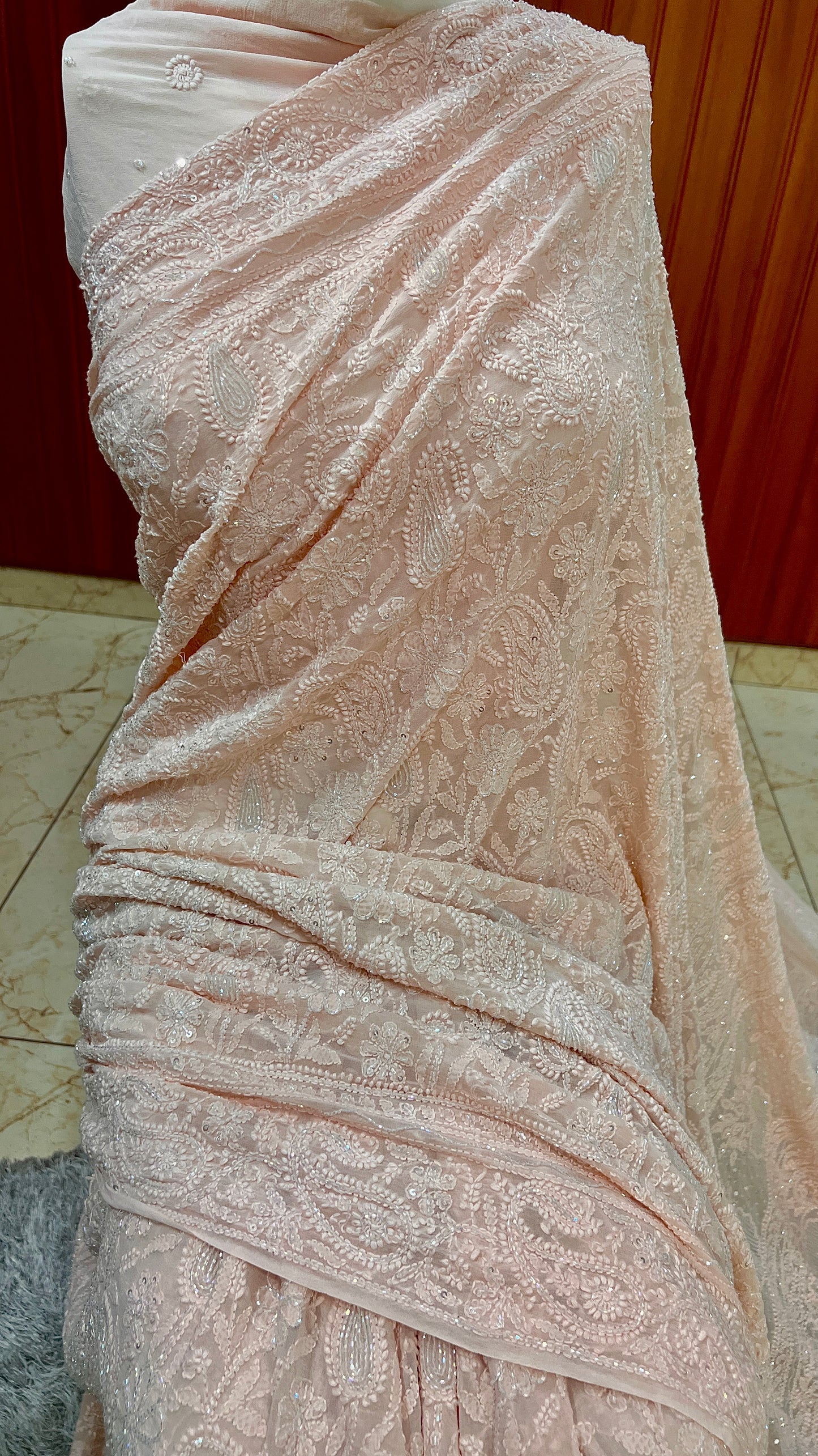 Ruhani Soft Peach Chikankari and Cut Dana Saree