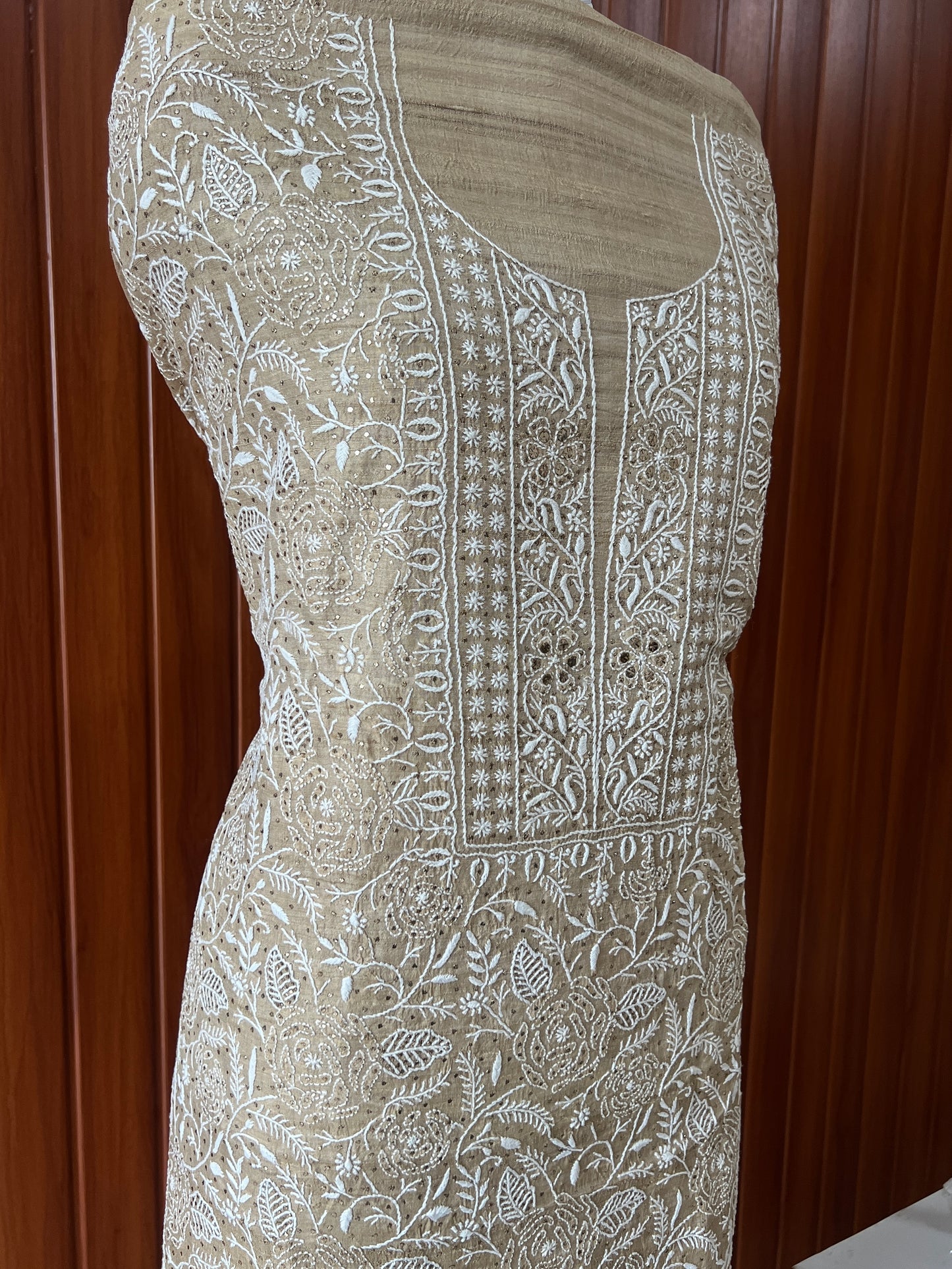 Pure Tussar silk Chikankari and mukaish embroidered kurta and dupatta