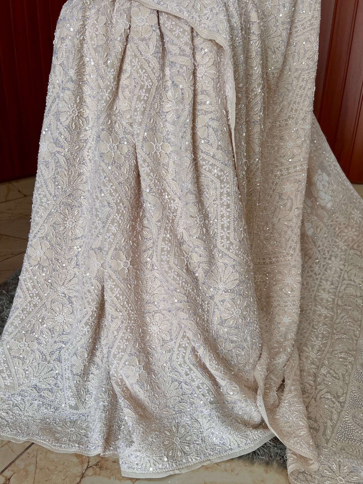 Ruhani Champagne Chikankari Cut Dana and Sequins Saree