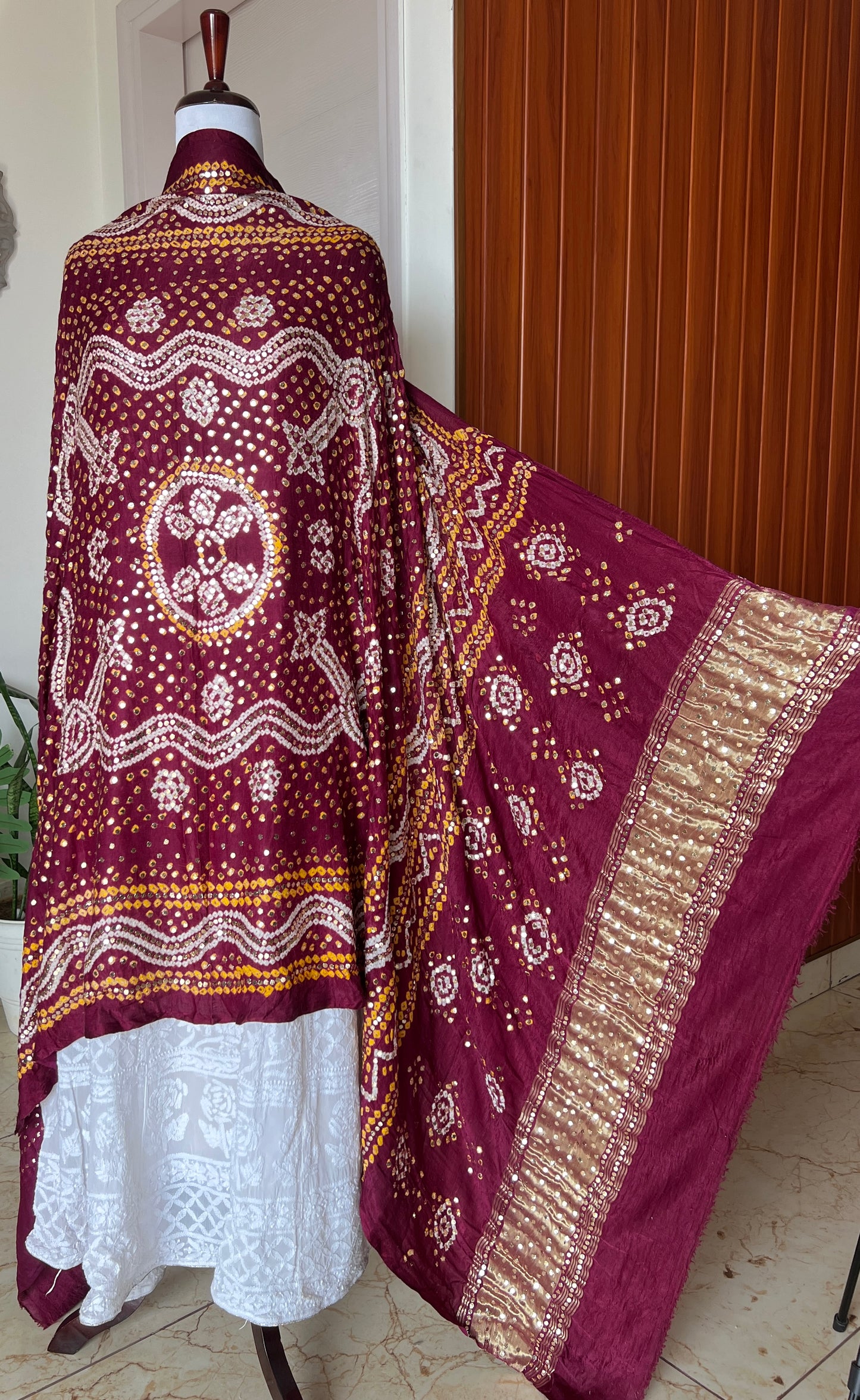 Wine Gajji Silk Bandhej dupatta with mukaish work
