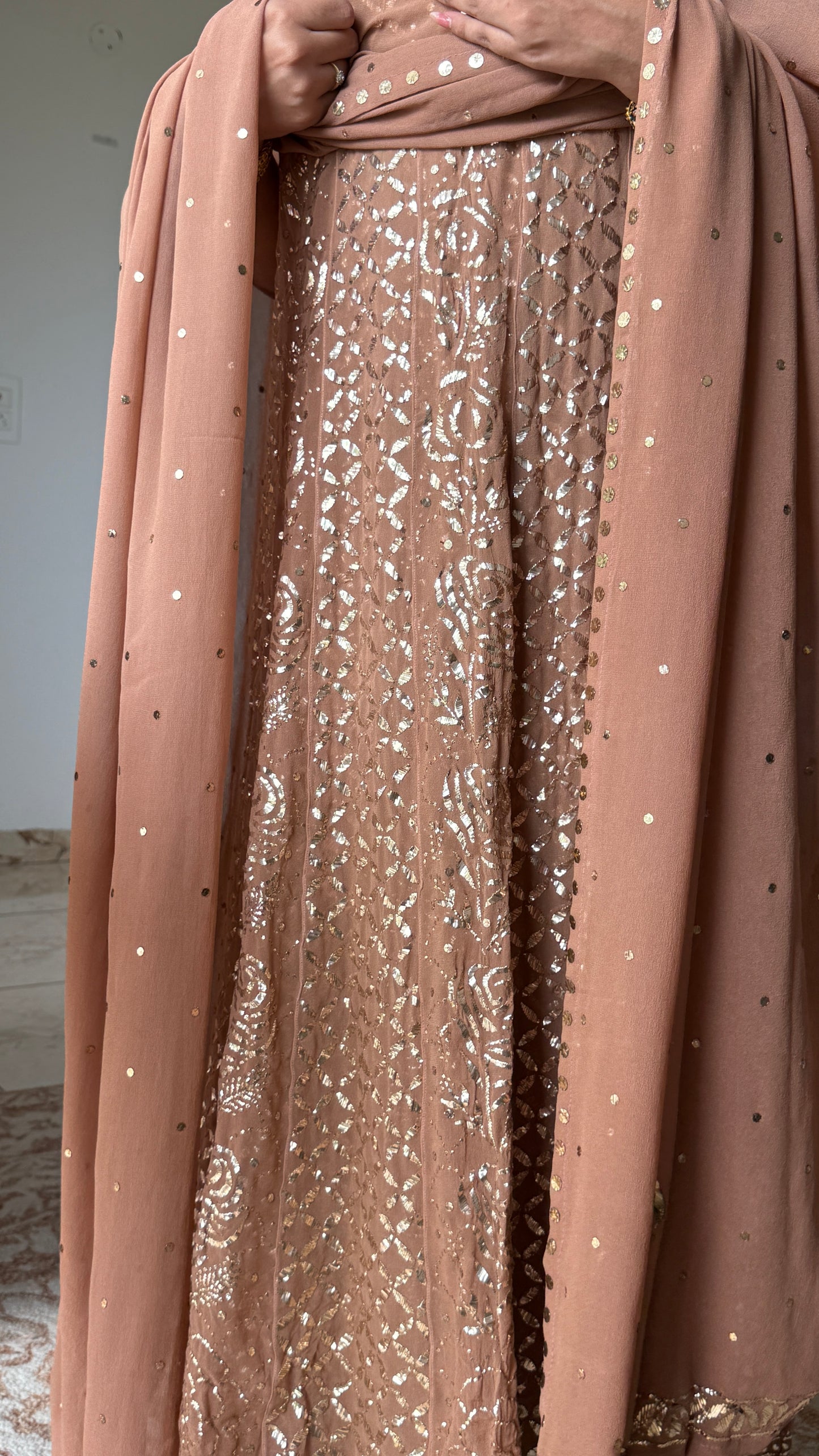 Ruhani cocoa brown heavy badla and Mukaish pure Georgette anarkali and dupatta
