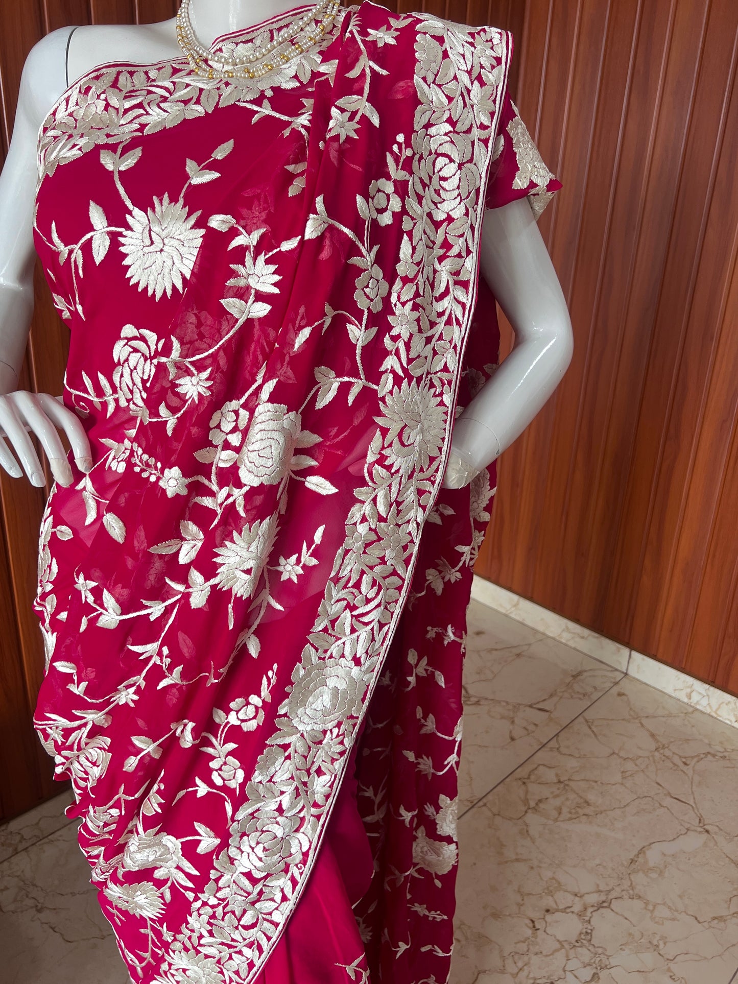 Crimson Parsi Gara Hand Embroidered Saree