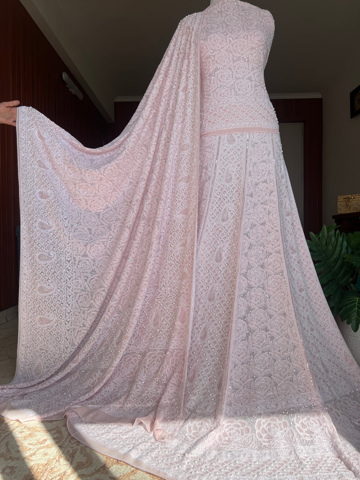 Ruhani Powder Pink Chikankari Pearl Cut Dana Sequins Wedding Lehenga