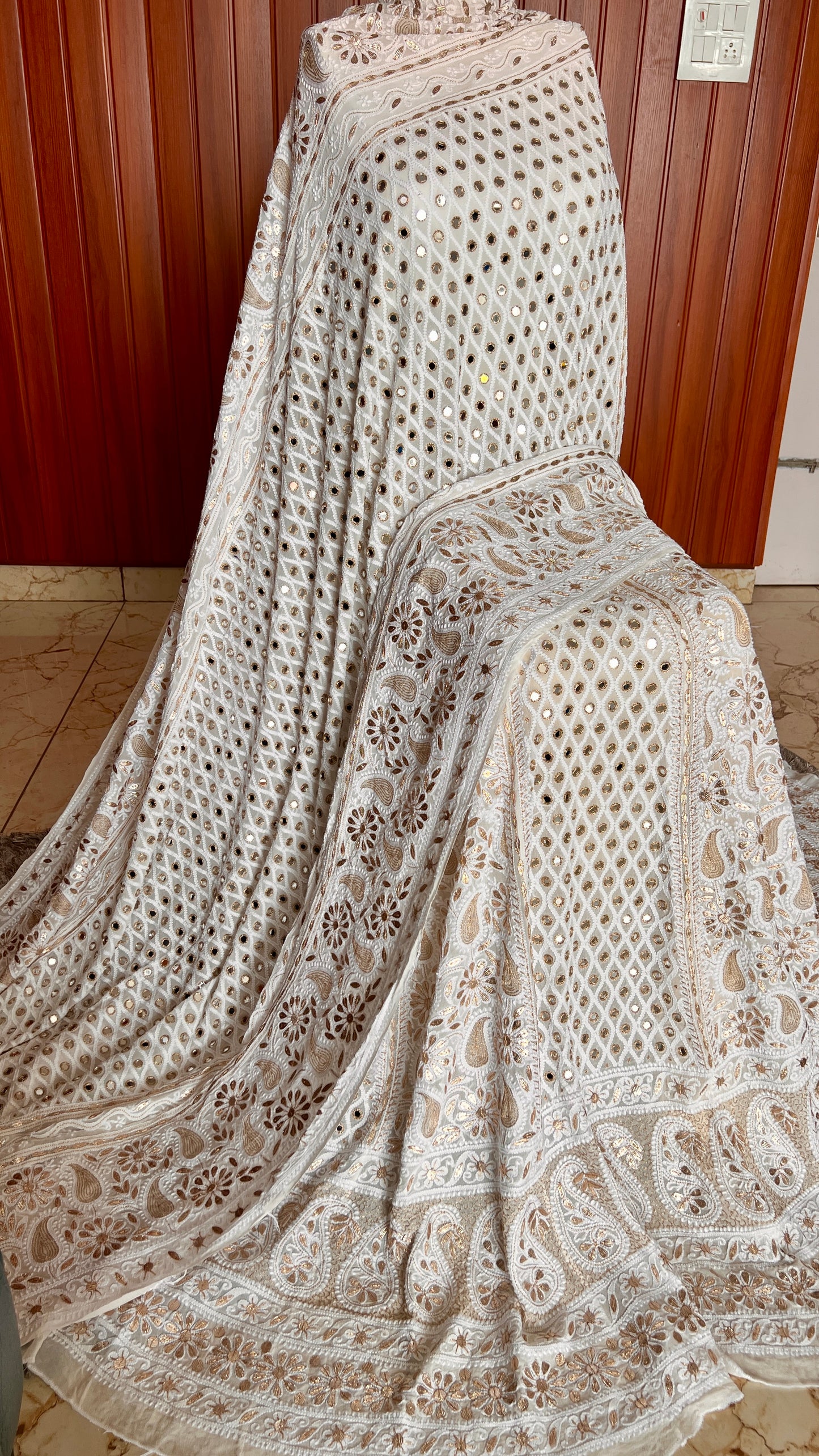 Off white Ruhani Chikankari Mirror Gota Patti Wedding Lehenga