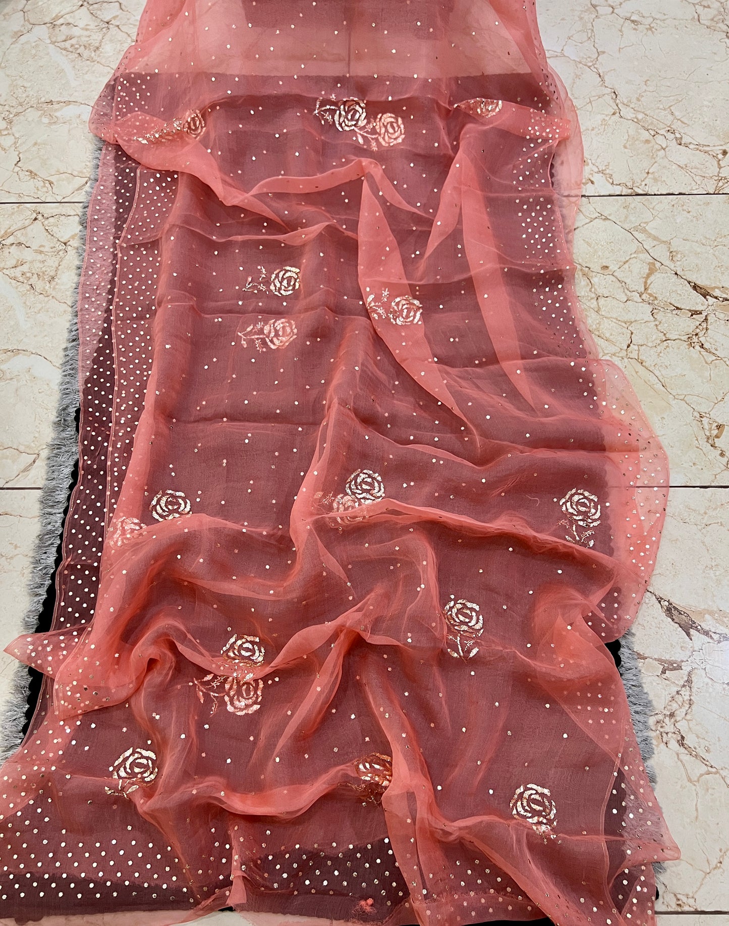 Coral Orange Pure Organza Saree with Badla and Mukaish Work