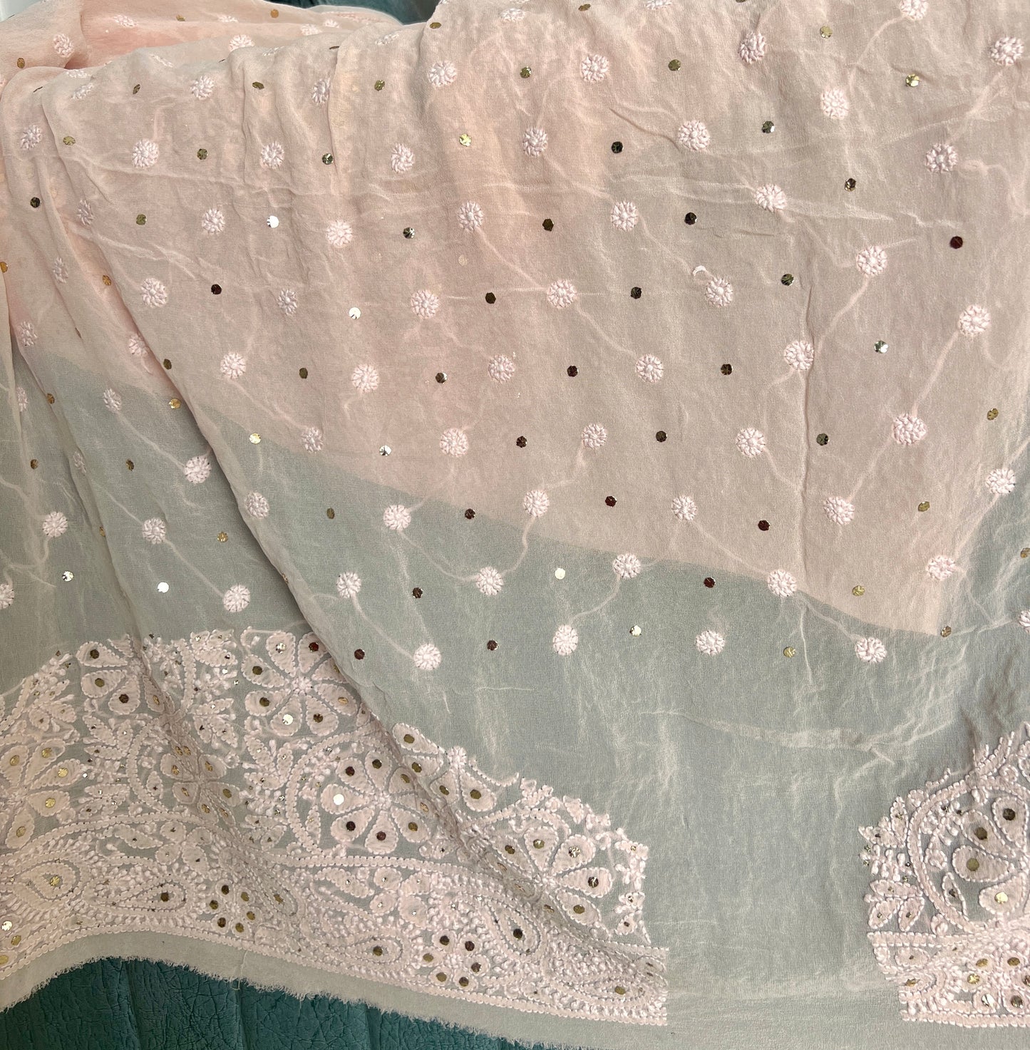Peachy Pink Ruhani Allover Chikankari and Mukaish Saree