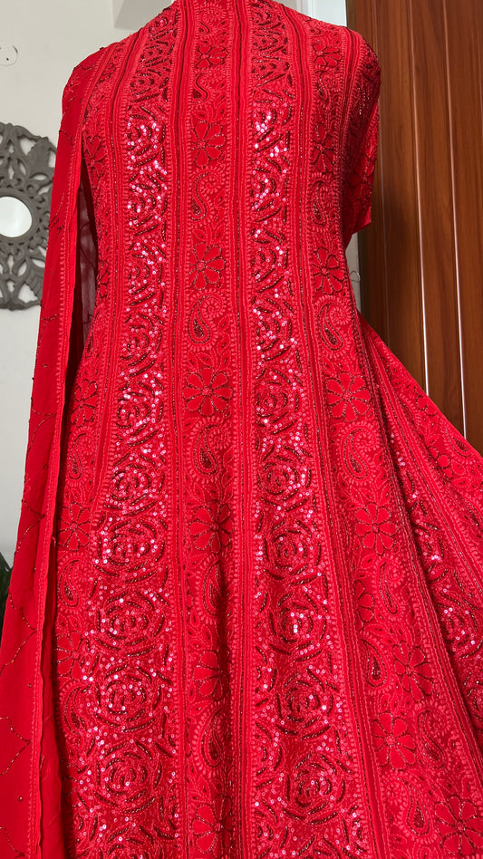 Red Chikankari Sequins and Cut Dana Anarkali