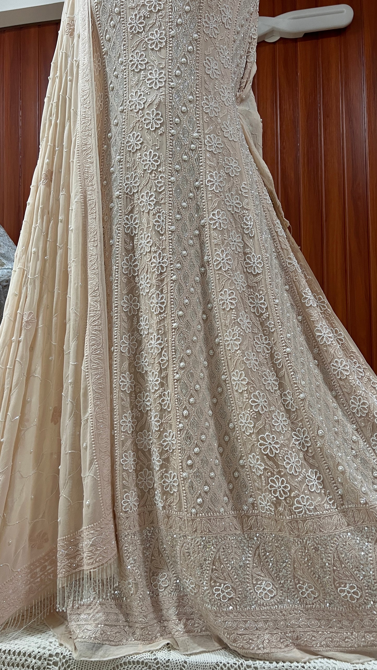 Beige fine Chikankari Pearl Sequins and Cut Dana Anarkali