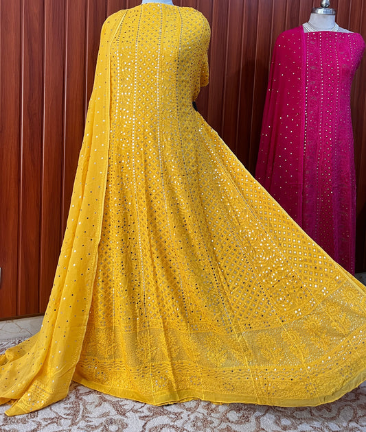 Yellow allover Chikankari and mukaish anarkali with dupatta