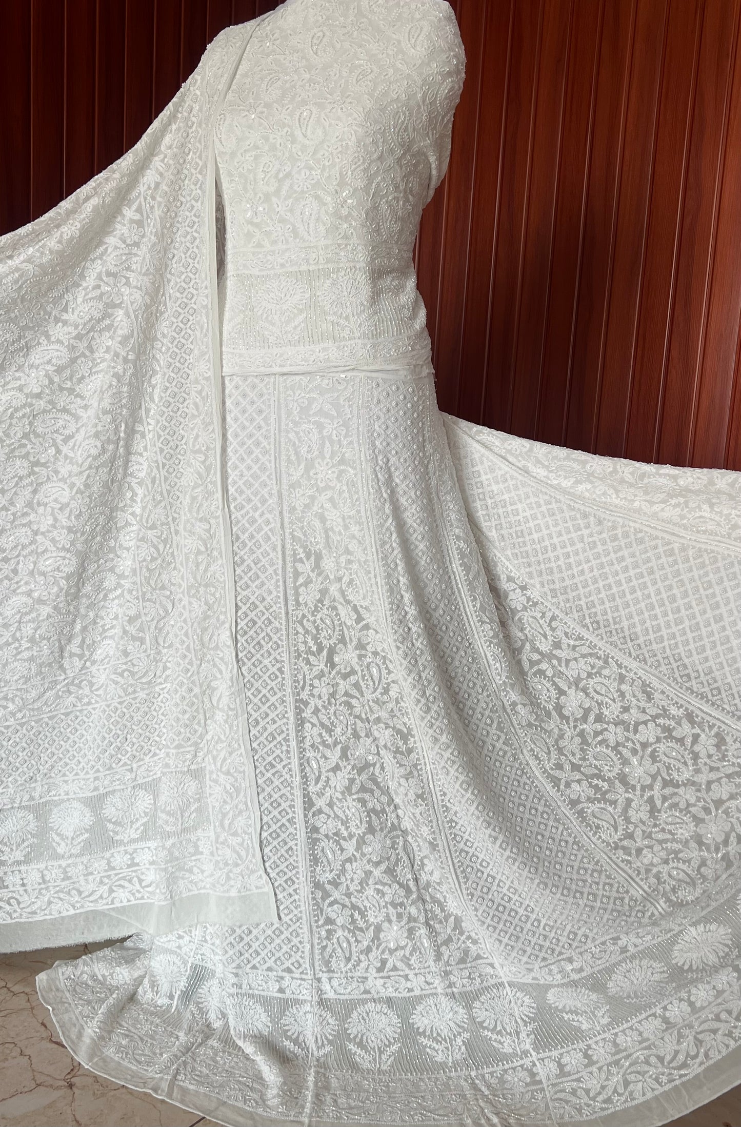 Ruhani White dyeable Chikankari Cut Dana Pearl Sequins Wedding Lehenga