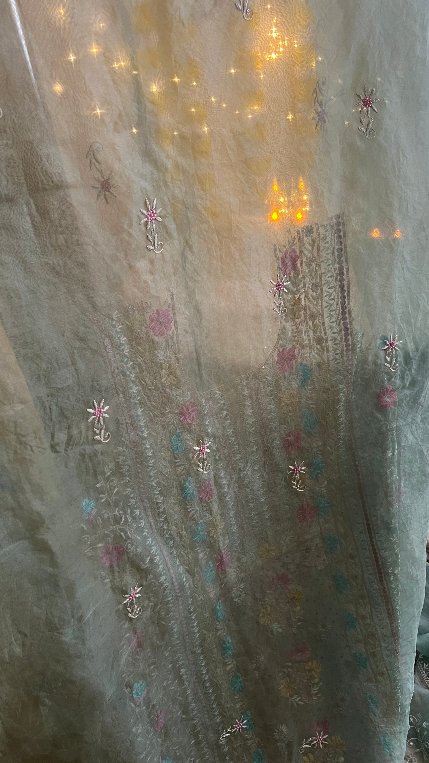 Ruhani Sage Green fine Chikankari pure Organza kurta with dupatta