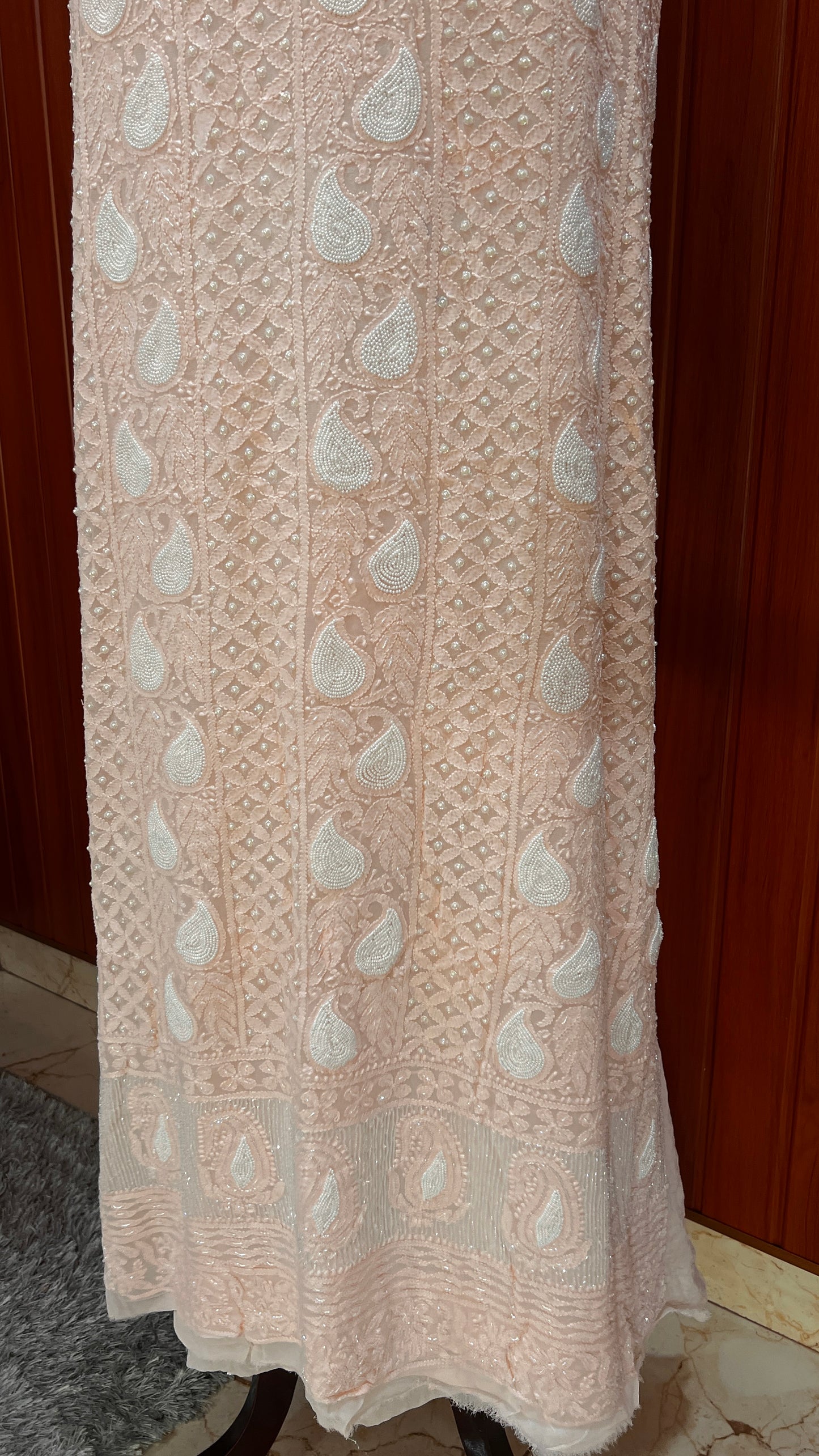 Soft peach Chikankari Pearl and Cut Dana Kurta and Dupatta