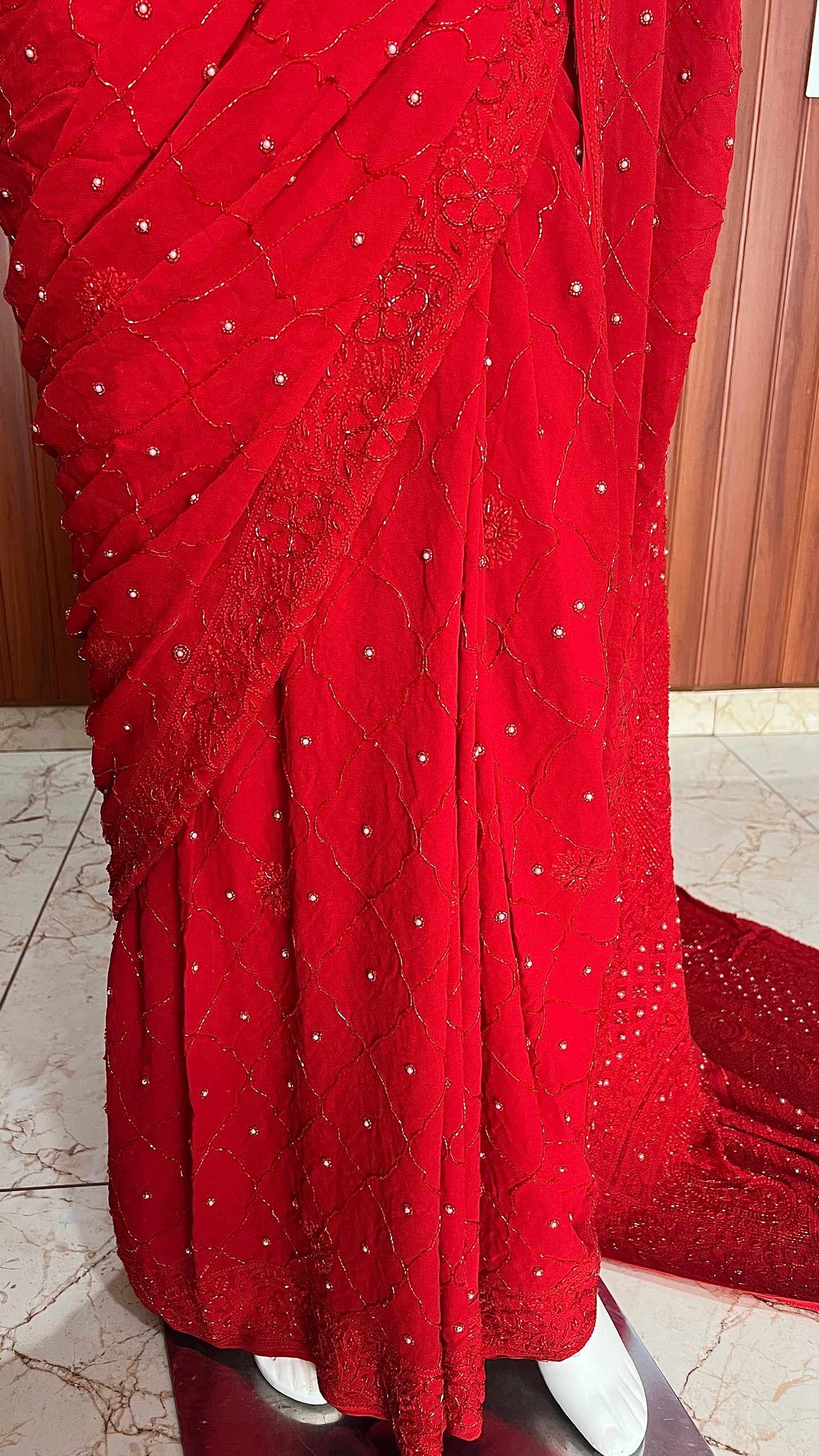 Ruhani Red Chikankari Cut Dana and pearl Saree