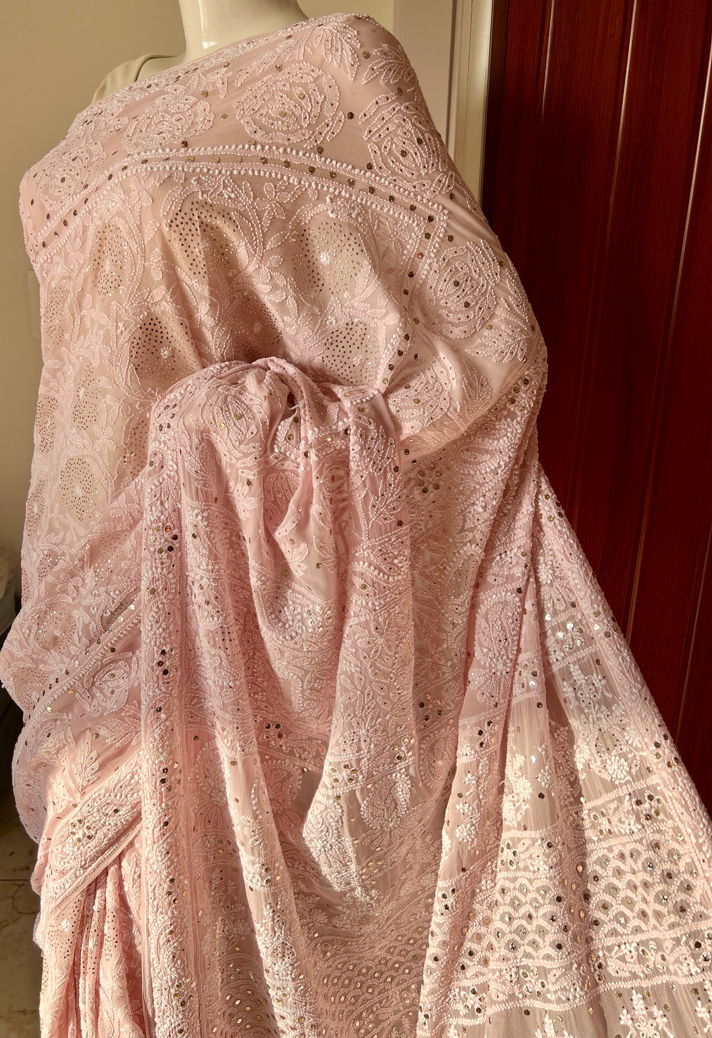 Ruhani Dusty Pink Allover Designer Chikankari and Mukaish Saree