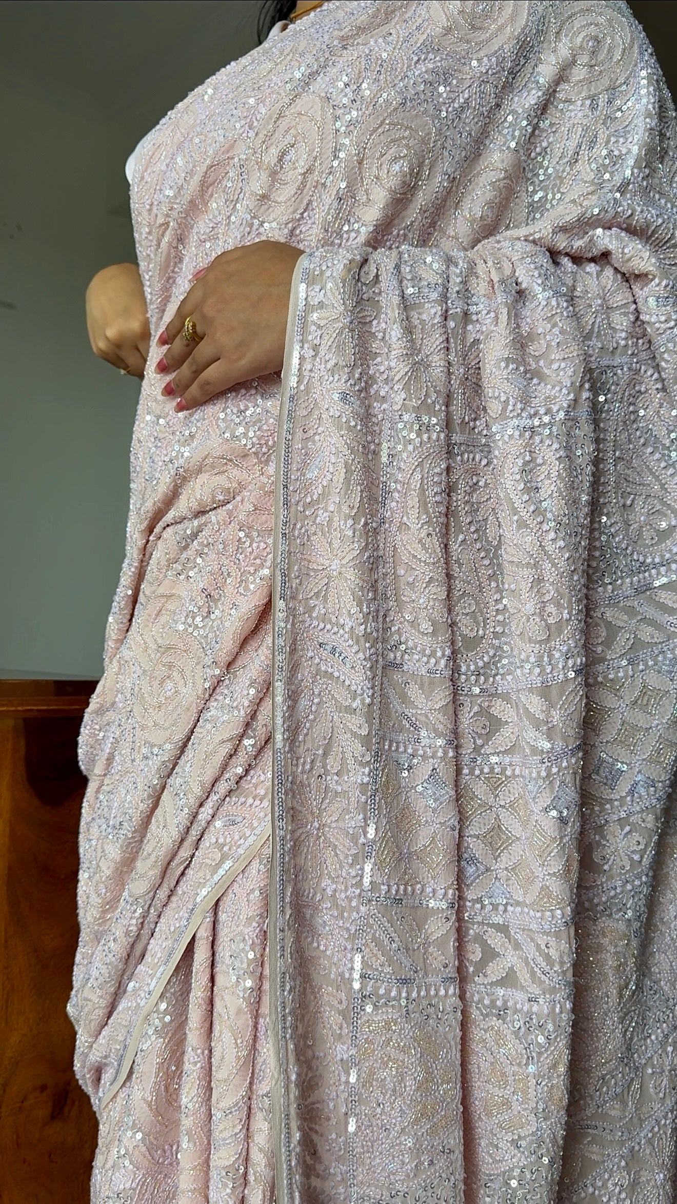 Gulaab Dusty Pink Masterpiece Chikankari Sequins and Cut Dana Saree