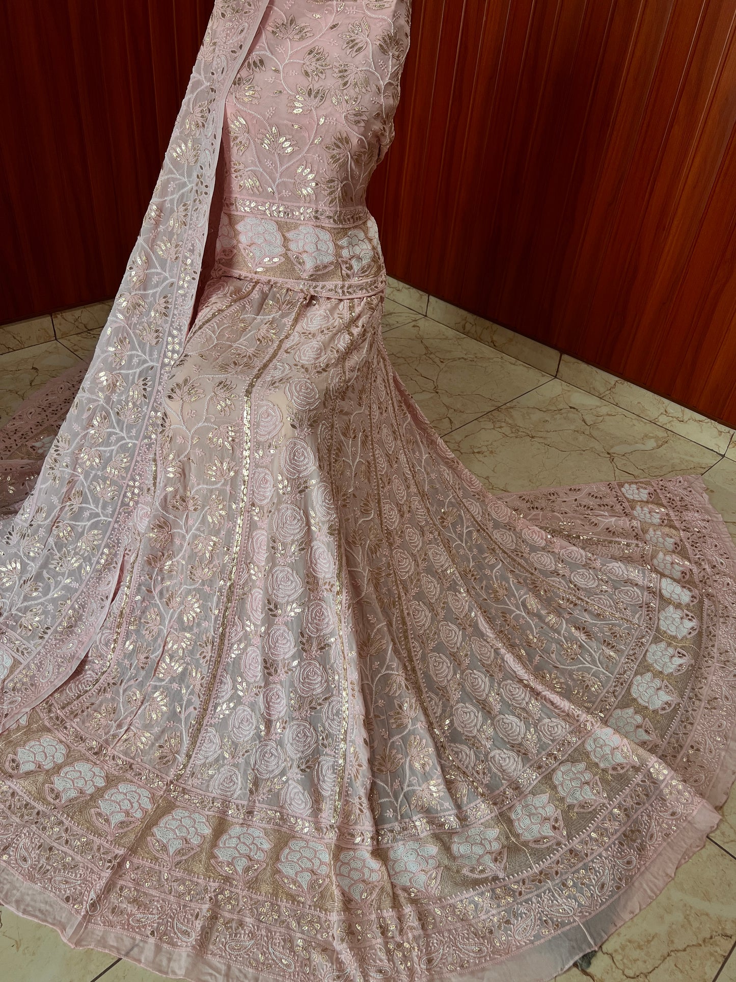 Ruhani Pink Chikankari Gota Patti and Pearl Wedding Lehenga