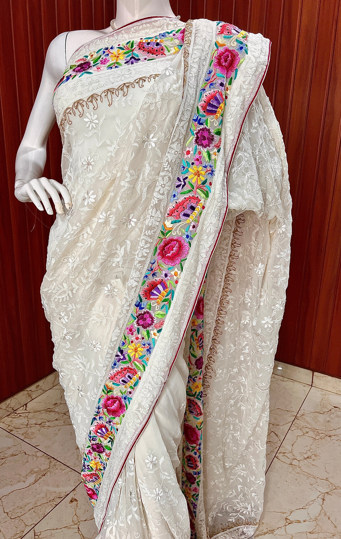 Ivory Pure Georgette saree with allover shadow work and masterpiece parsi gara border