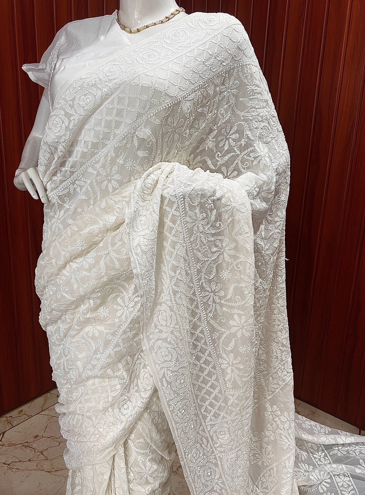 Ruhani Off White Allover fine Chikankari Hand Embroidered Saree