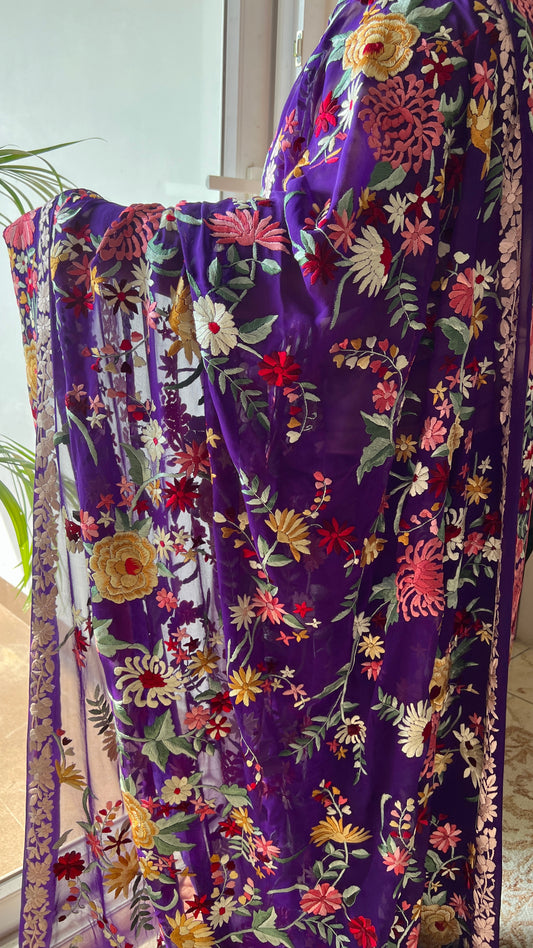 Aubergine purple floral Masterpiece Parsi Gara Pure Georgette Saree