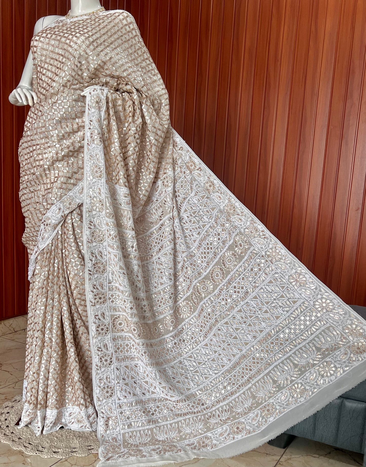 Ruhani Ivory Chikankari and Gota Patti Saree