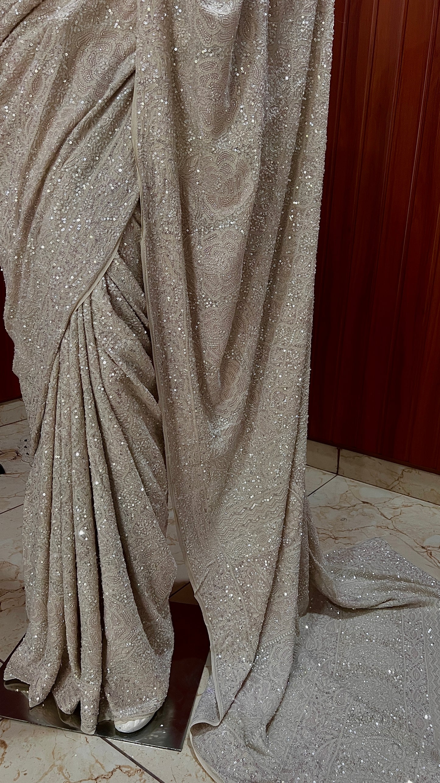 Ruhani Champagne Masterpiece Chikankari and heavy Sequins Saree