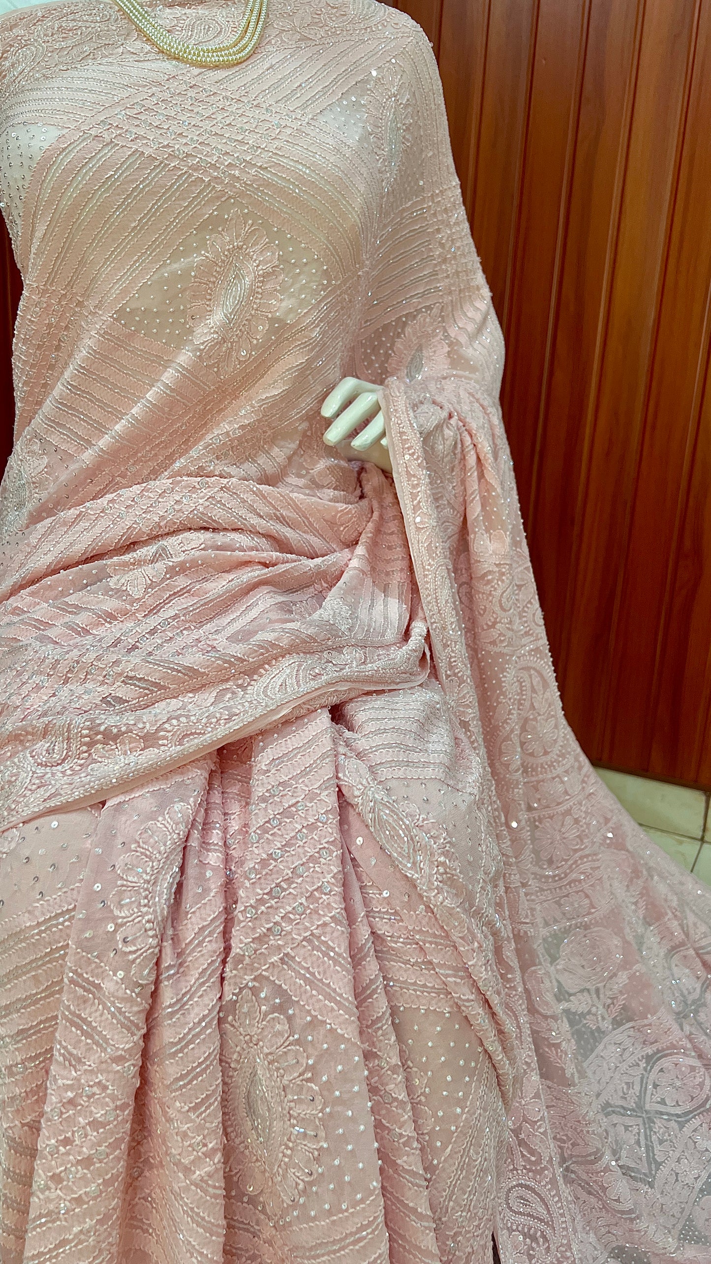 Ruhani Blush Pink Chikankari and Cut Dana Saree
