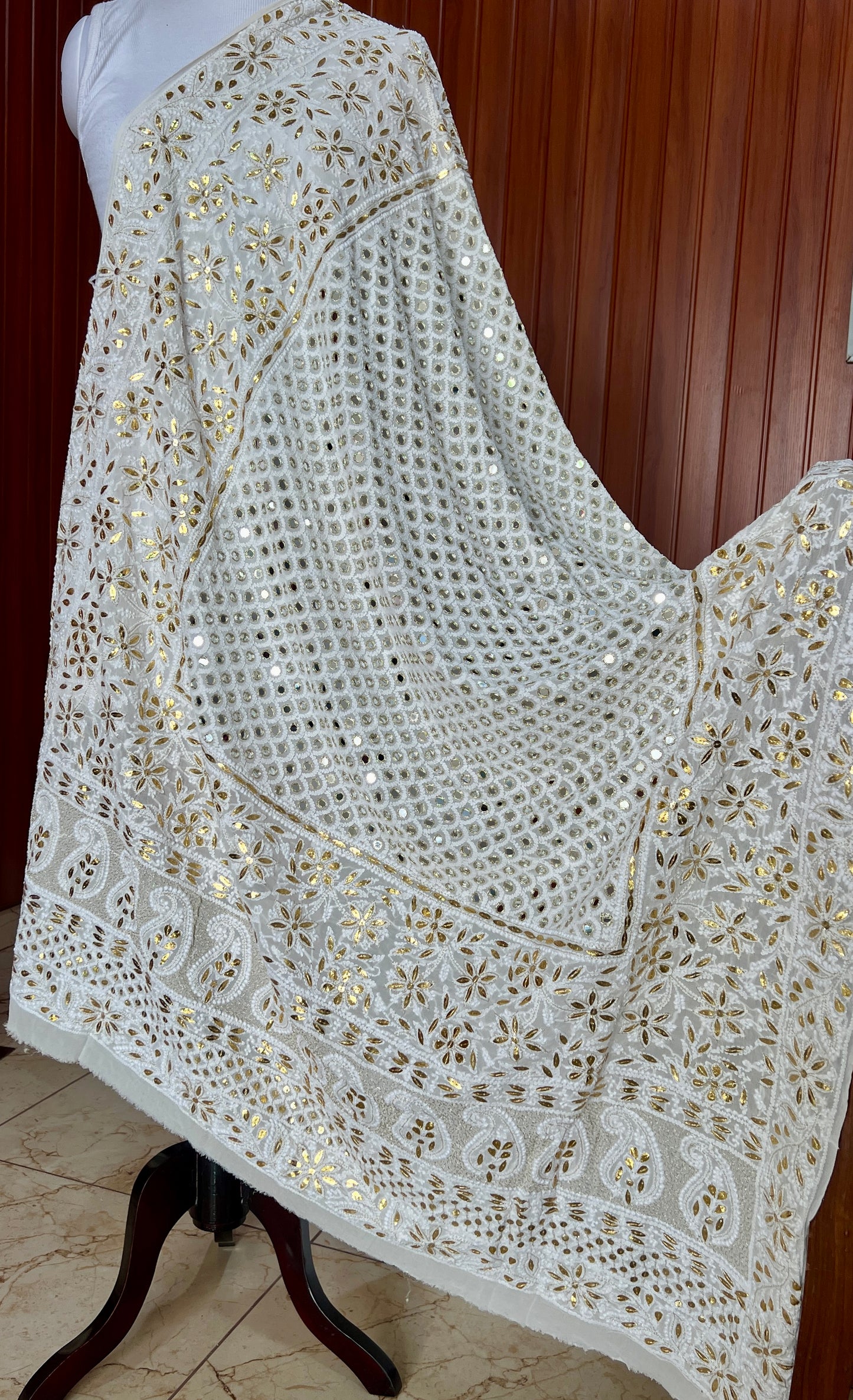 Ruhani Ivory Chikankari Mirror and olden Gota Patti Pure Georgette Wedding Dupatta
