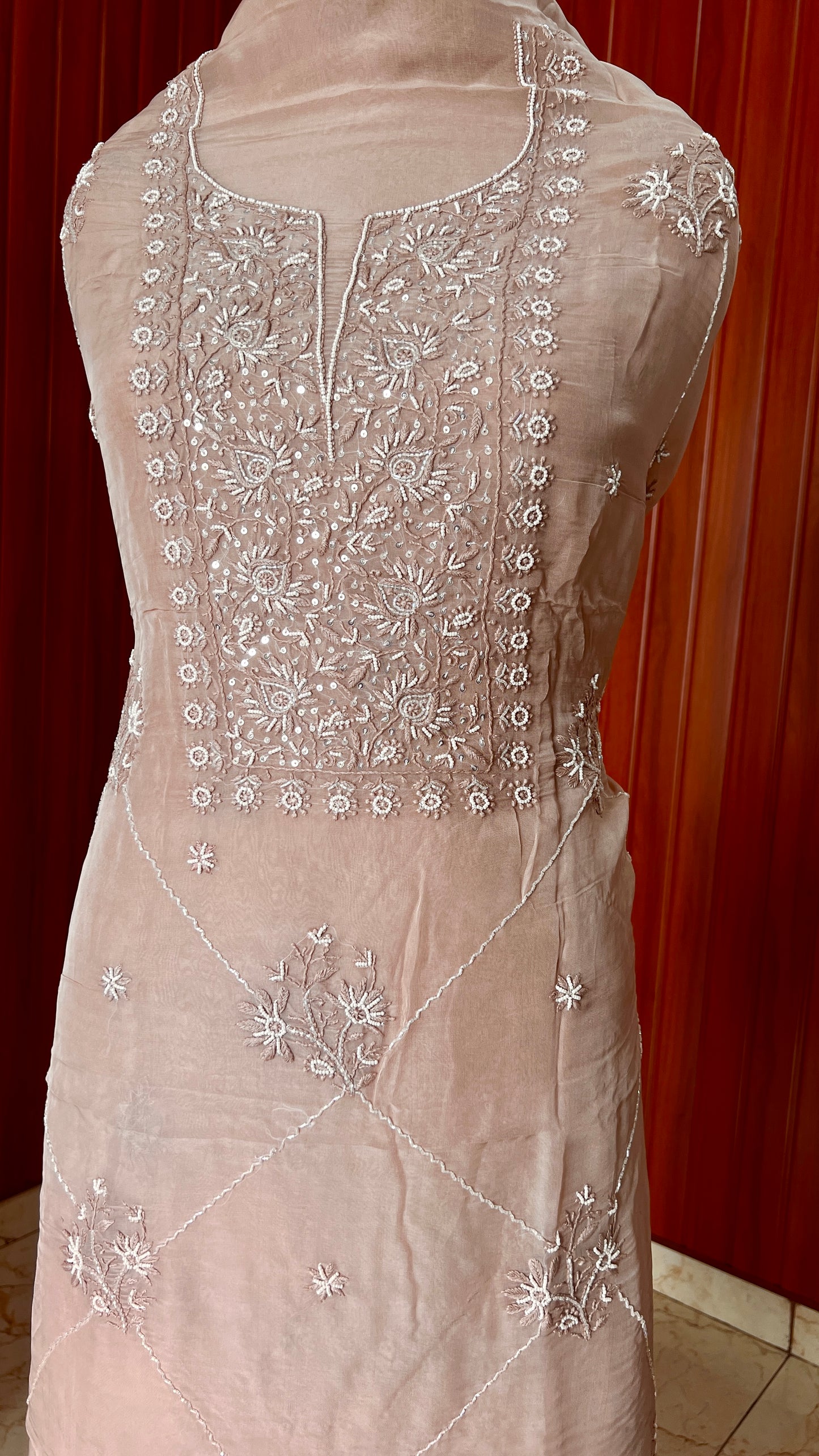 Nude brown Chikankari and pearl work Organza kurta with dupatta