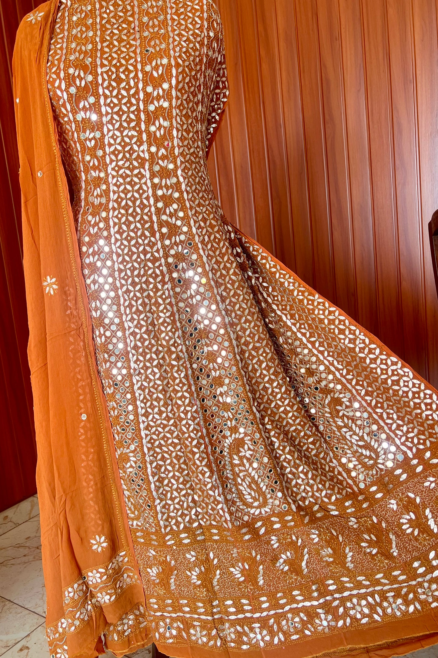 Rust Orange Chikankari Mirror Gota Sequins Work Anarkali with Dupatta