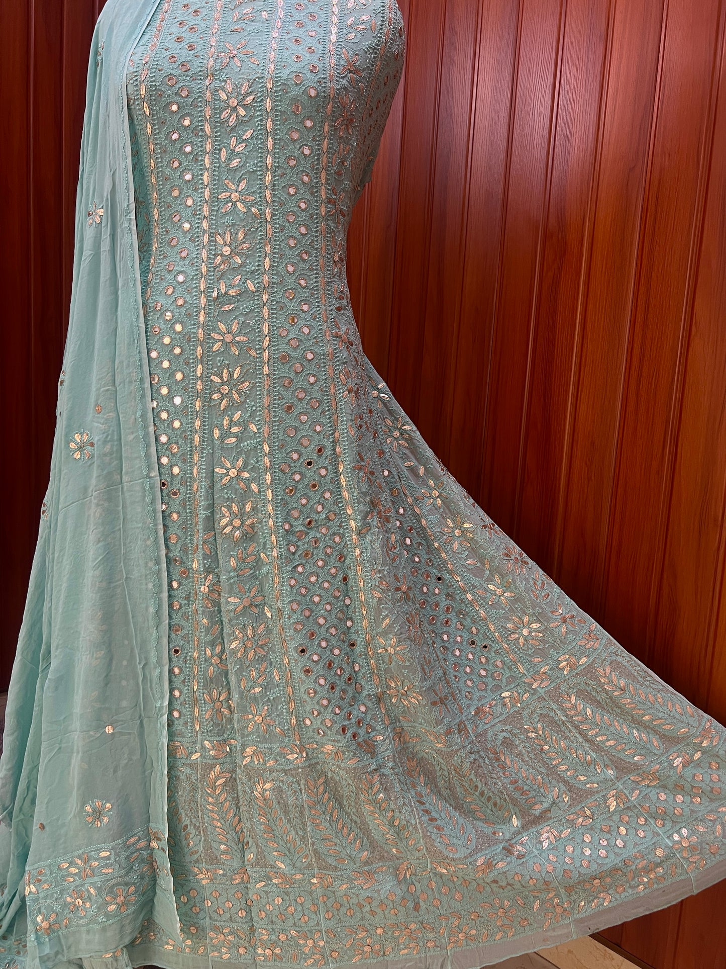 Cyan blue Chikankari Mirror Gota Patti Anarkali with Dupatta