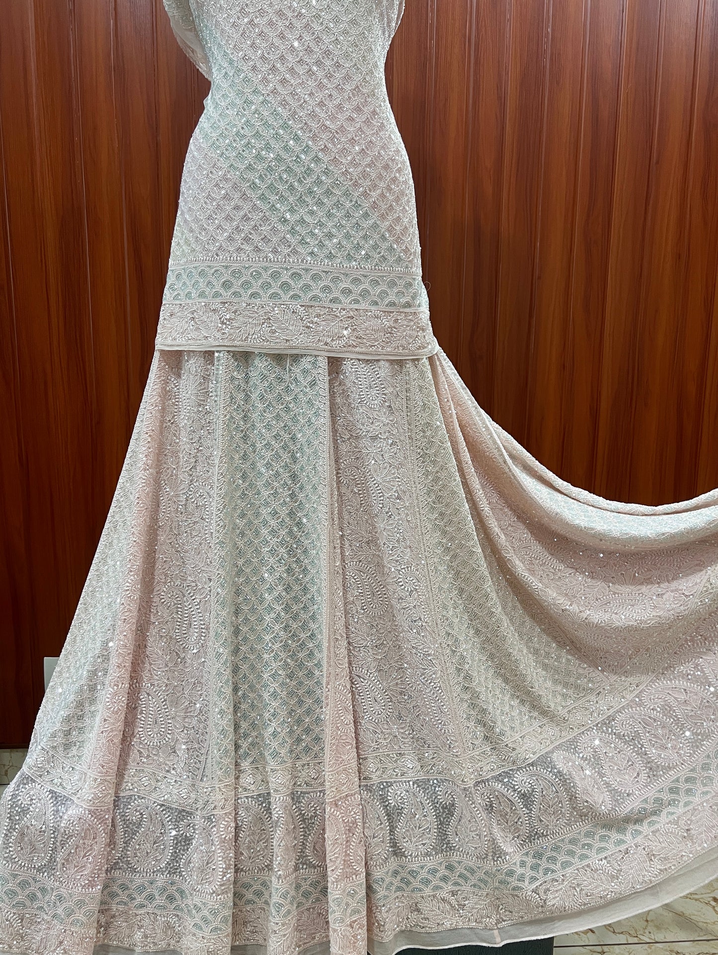 Ruhani Nude Pink Chikankari Lehenga with Multicolored Cut Dana and sequins Work