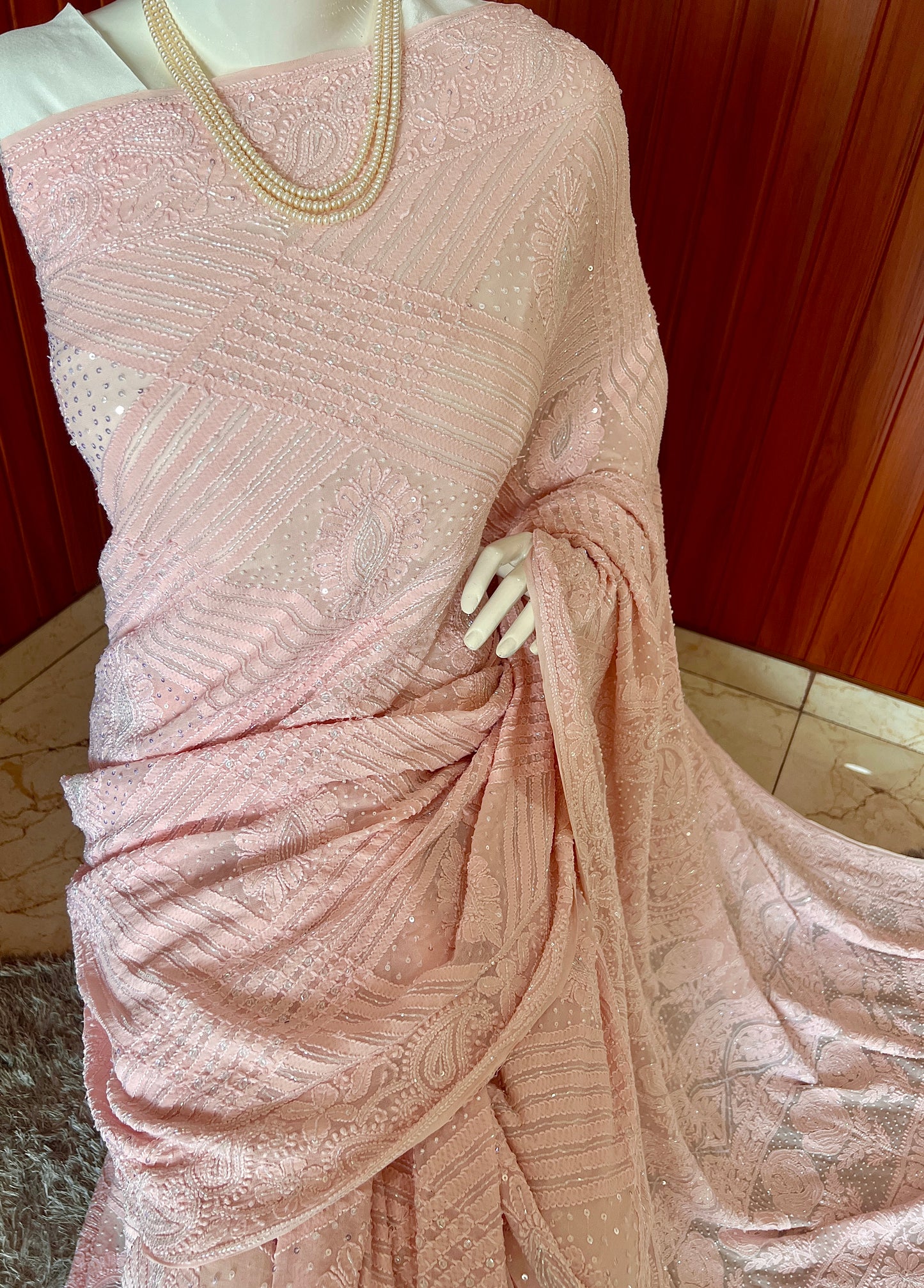 Ruhani Blush Pink Chikankari and Cut Dana Saree