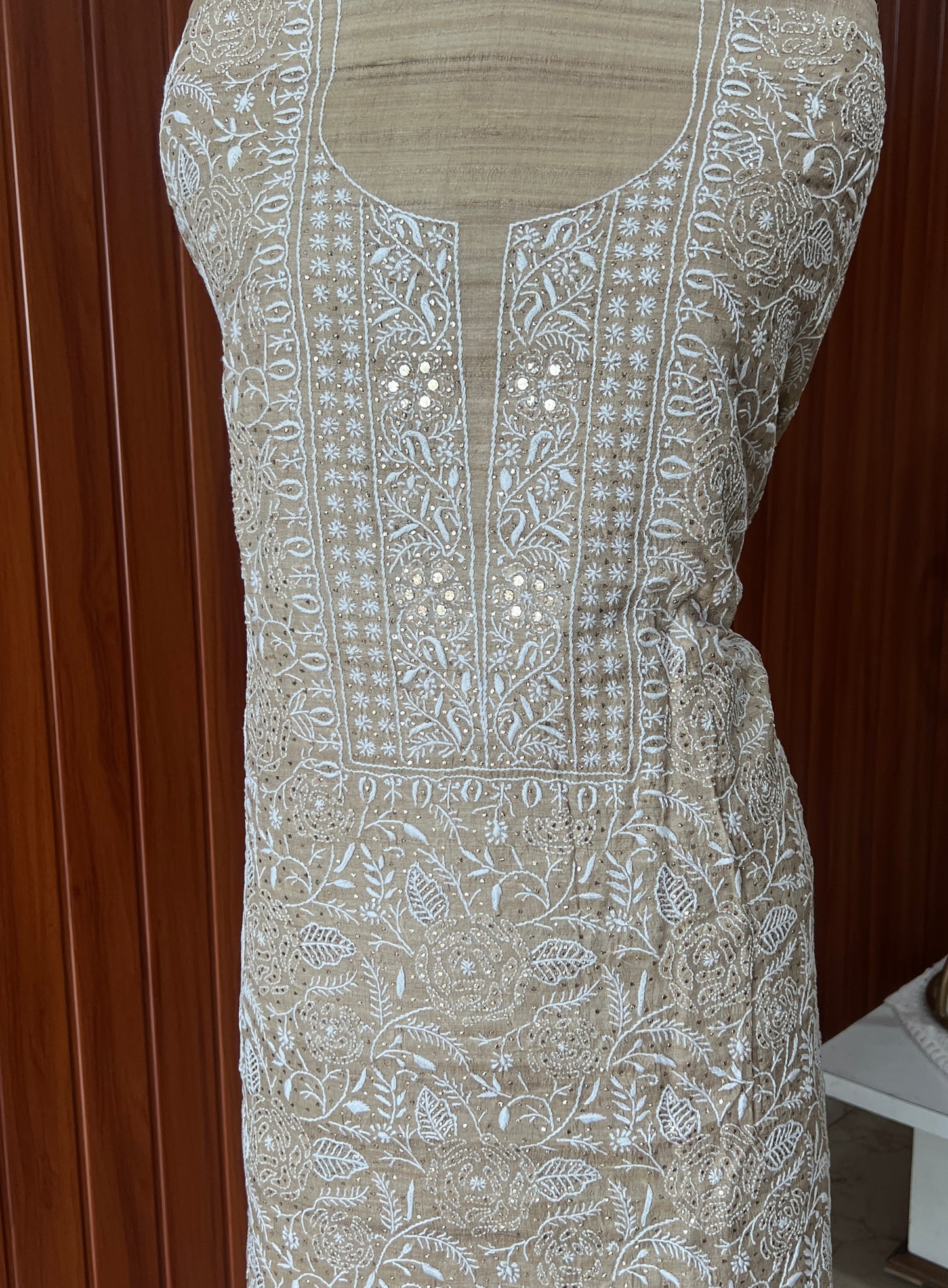 Pure Tussar silk Chikankari and mukaish embroidered kurta and dupatta