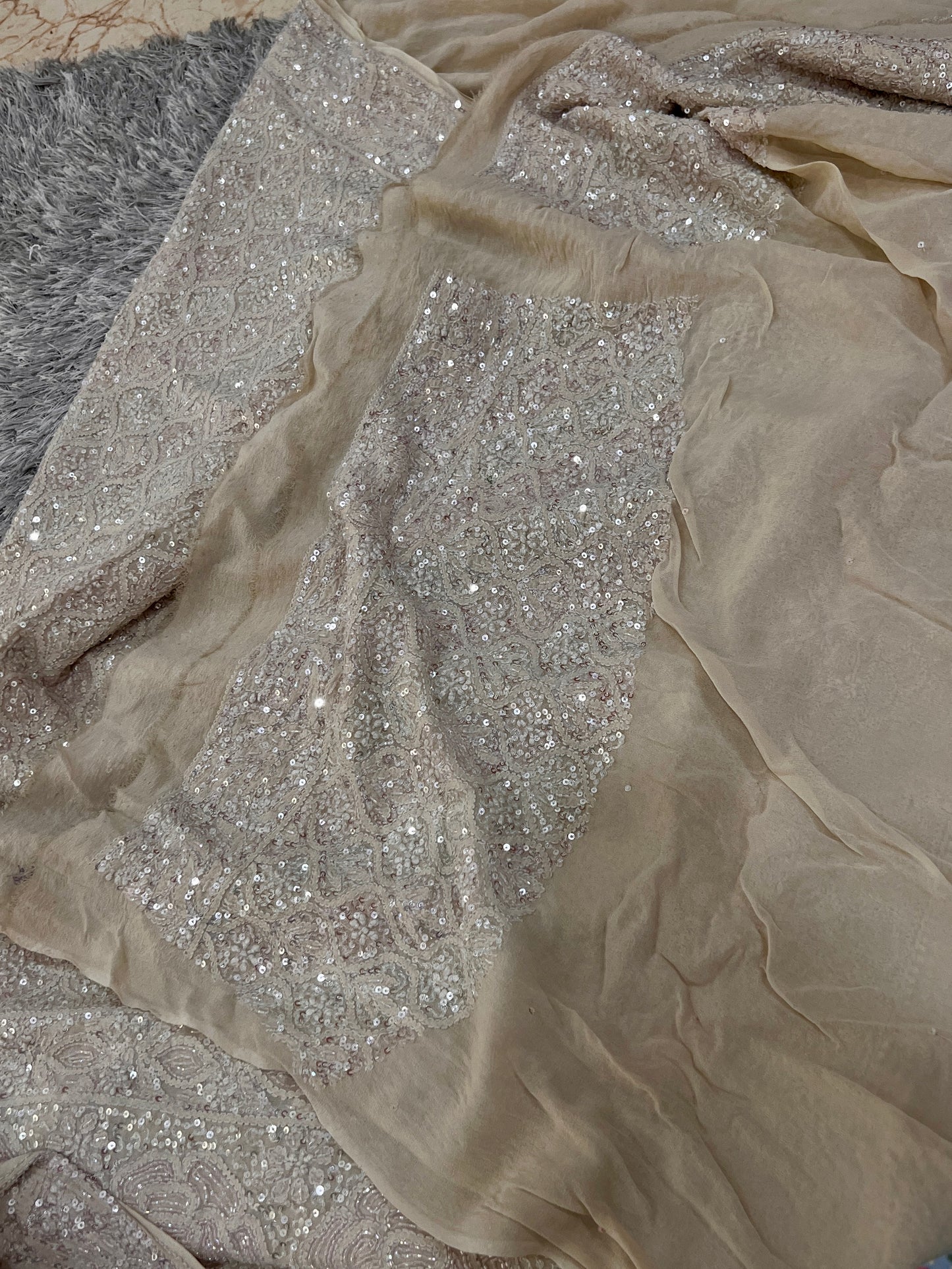 Ruhani Champagne Masterpiece Chikankari and heavy Sequins Saree