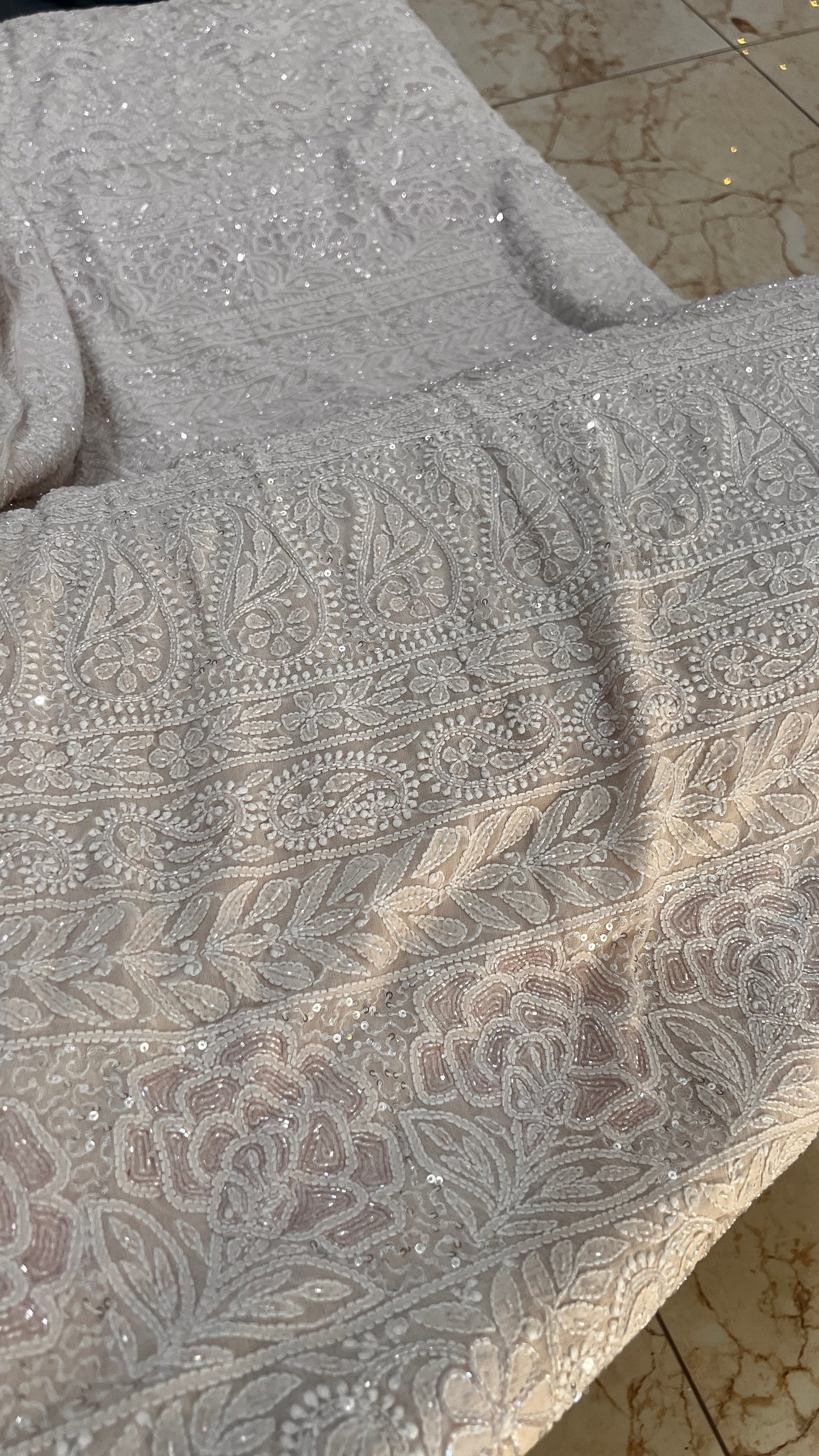 Ruhani Nude Beige Chikankari Cut Dana and Sequins Saree