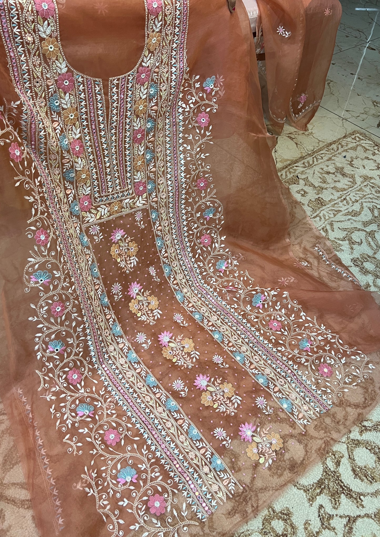 Ruhani Rusty Rose fine Chikankari pure Organza kurta with dupatta