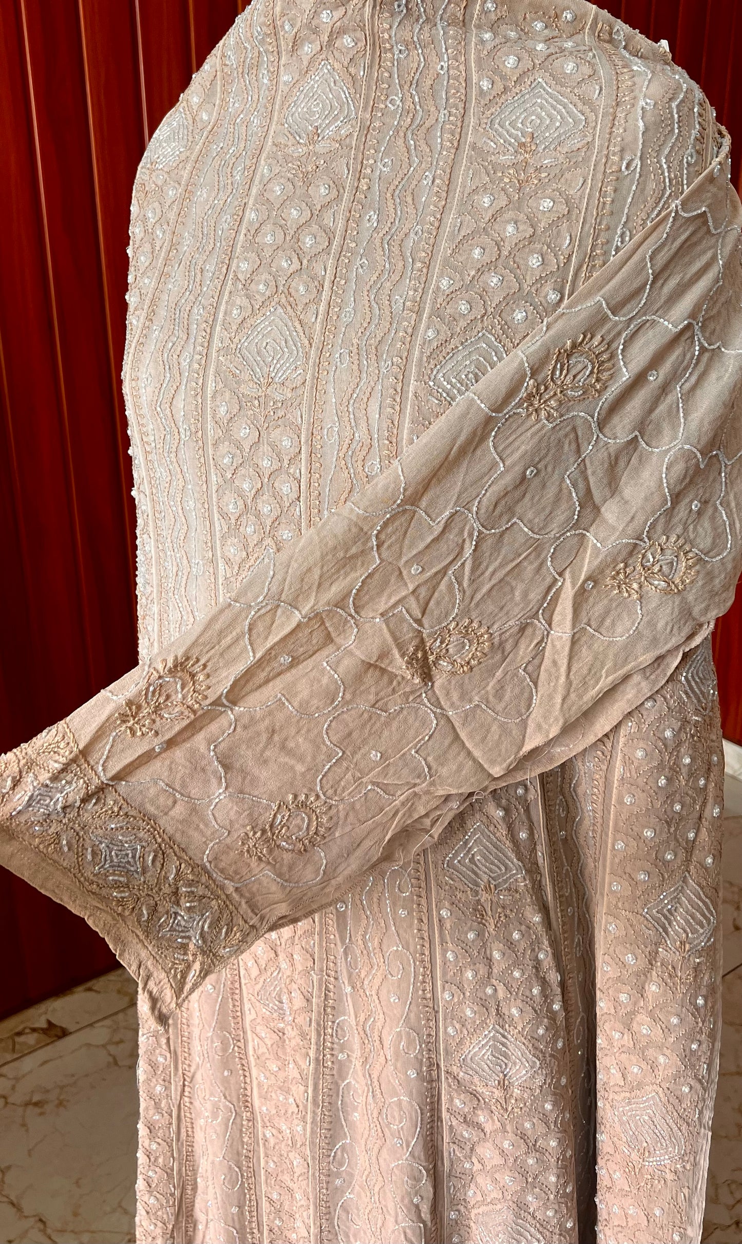 Beige Chikankari Pearl Cut Dana Sequins Embroidered Anarkali with Dupatta