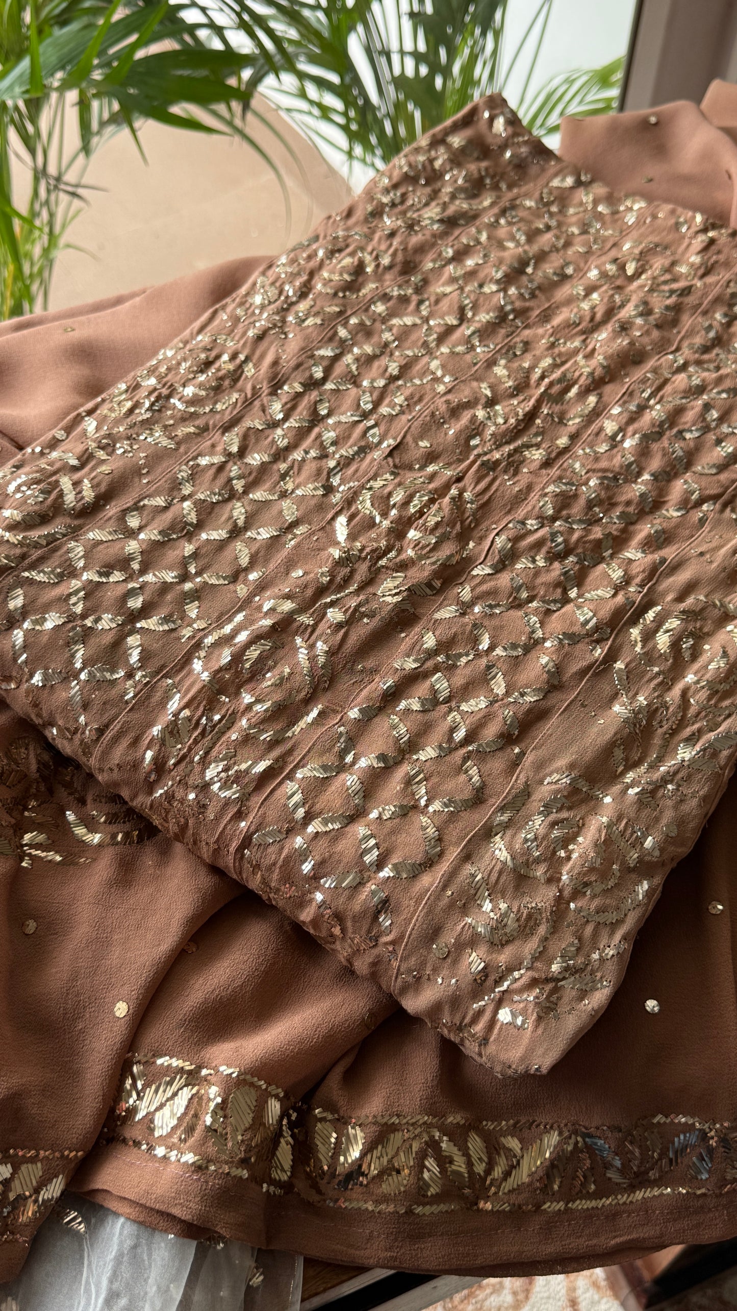 Ruhani cocoa brown heavy badla and Mukaish pure Georgette anarkali and dupatta