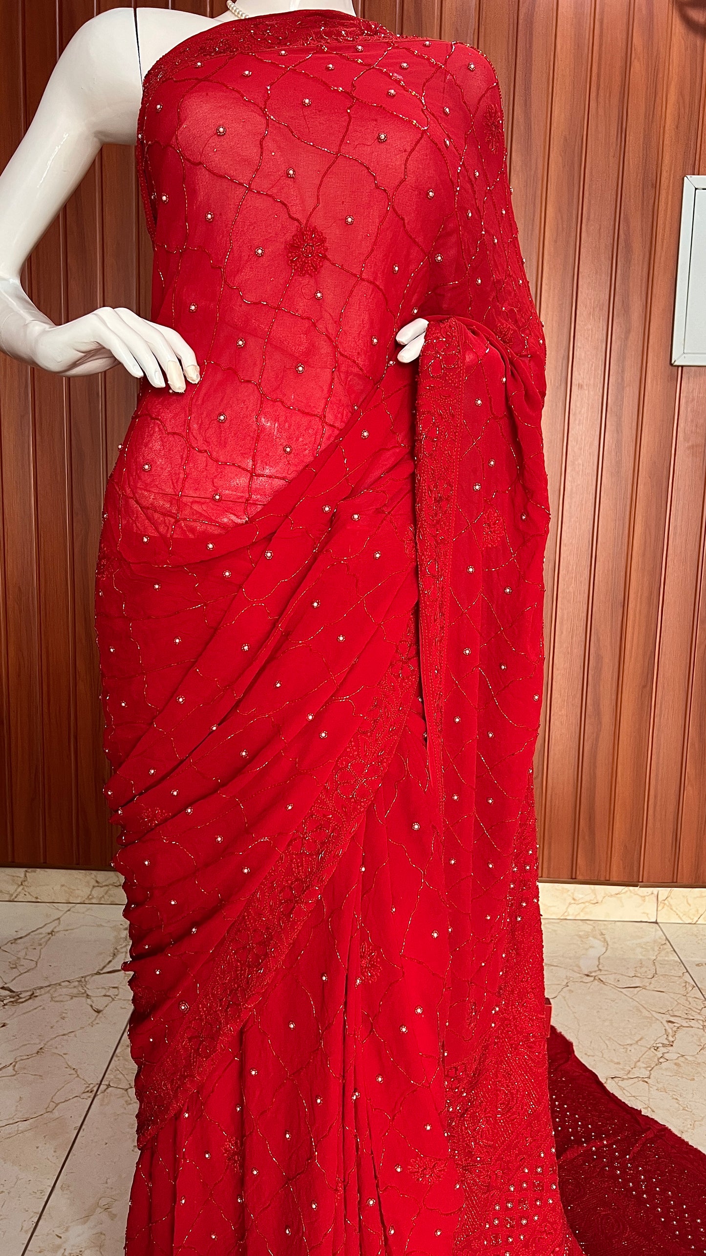 Ruhani Red Chikankari Cut Dana and pearl Saree