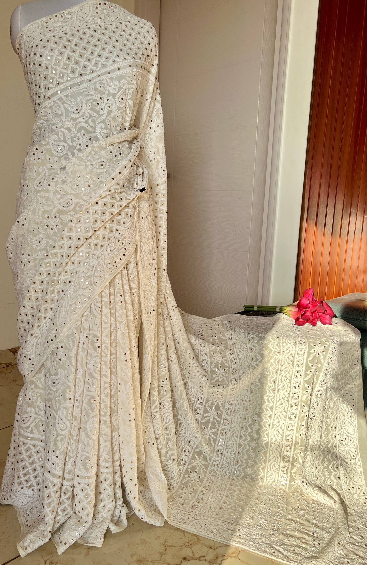 Ivory Ruhani Allover Designer Chikankari and Mukaish Saree