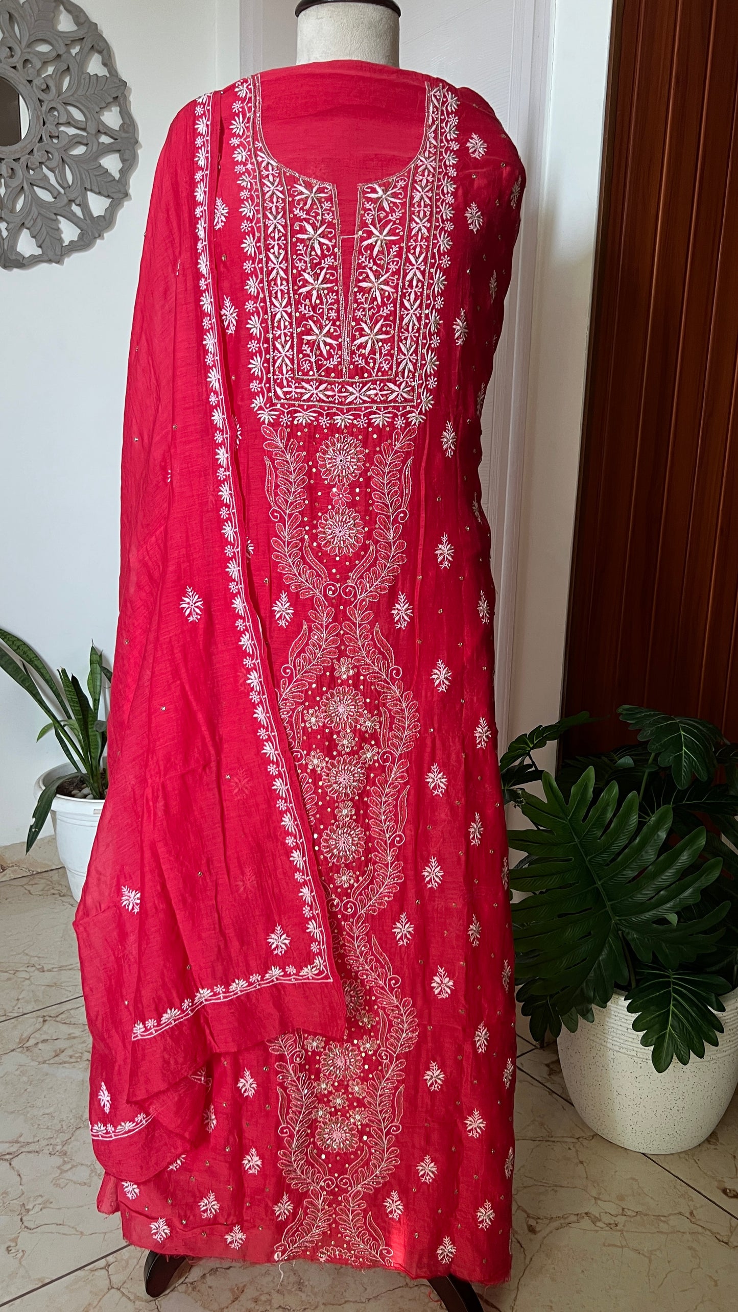 Mul Chanderi Chikankari Kurta and Dupatta Set