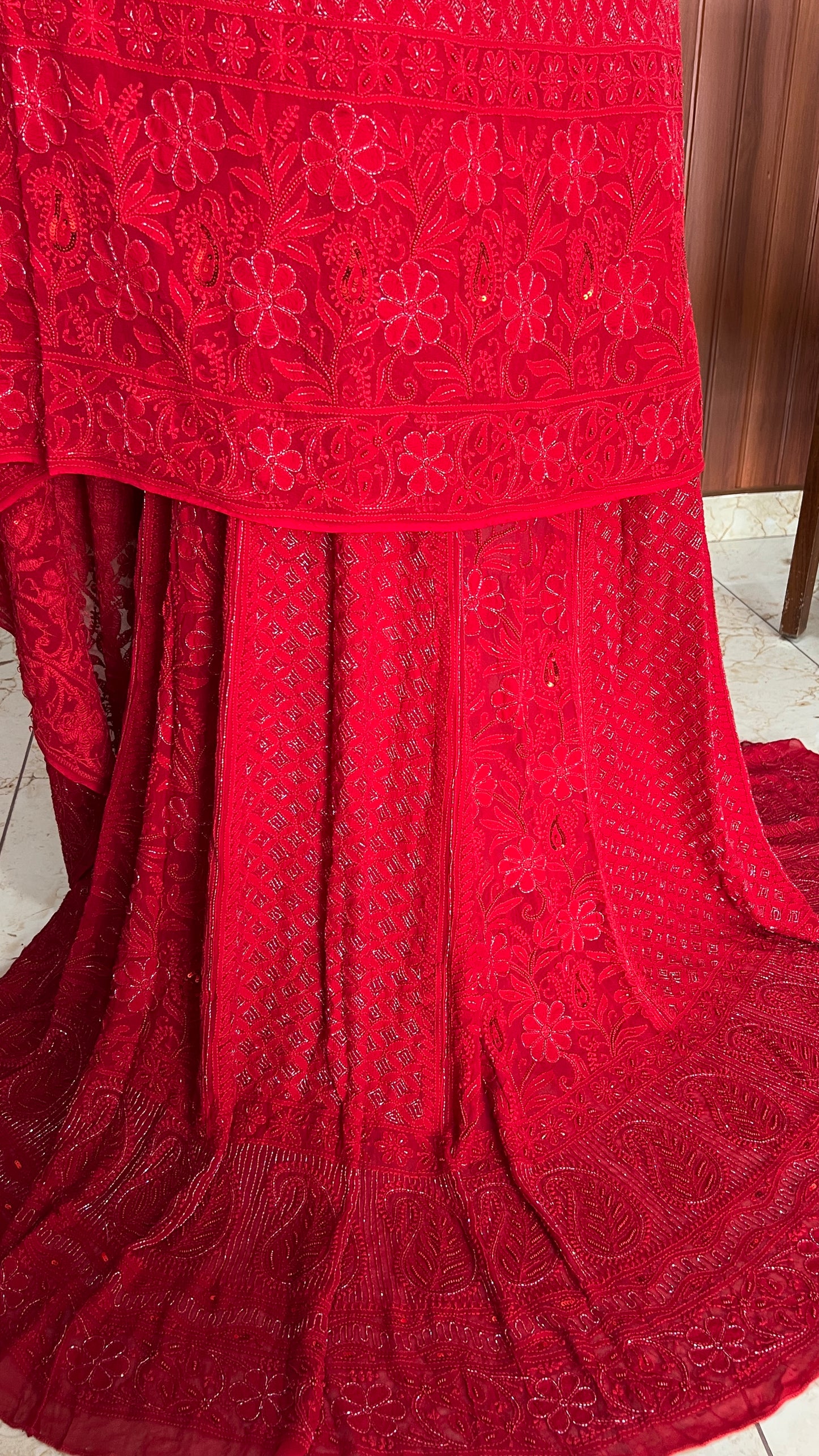 Ruhani Surkh Laal Chikankari Cut Dana Sequins Wedding Lehenga