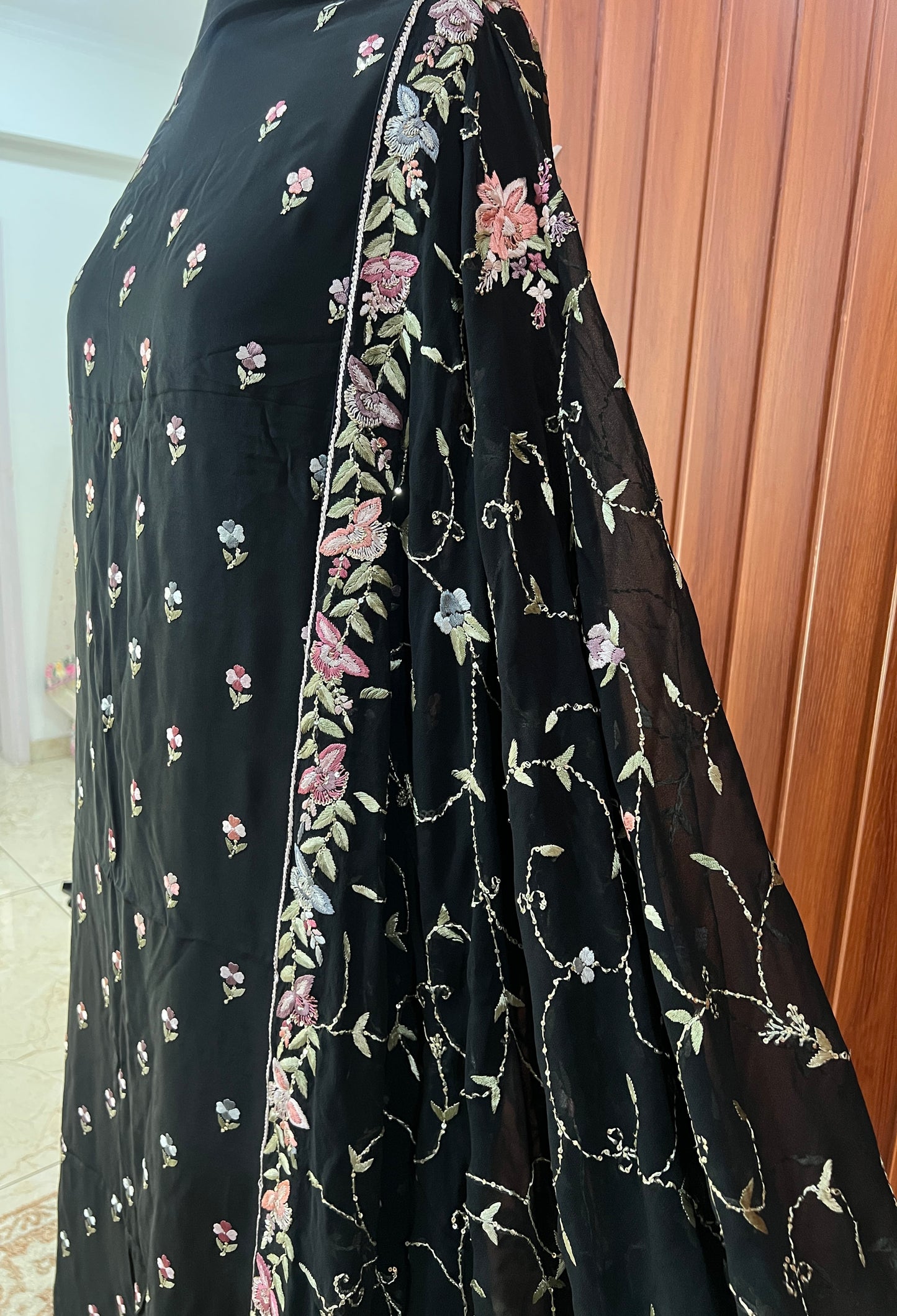 Black hand embroidered parsi gara pure crepe full suit