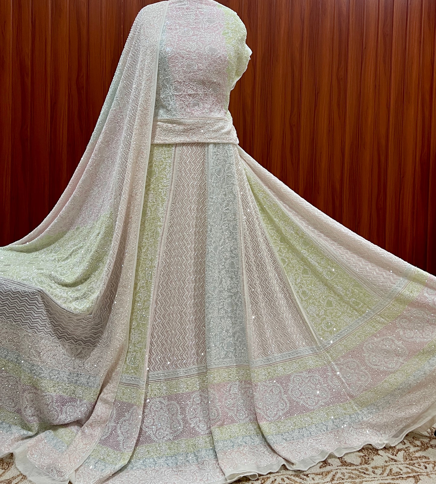 Suhaan Masterpiece Chikankari Lehenga with Multi Hued Cut Dana and sequins Work