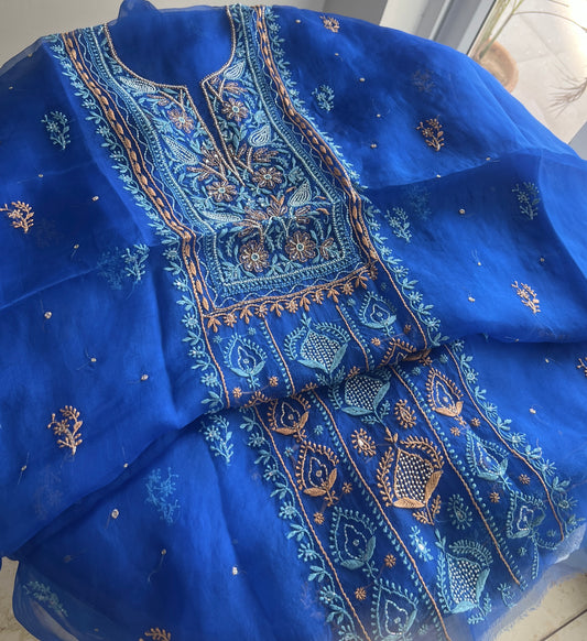 Royal Blue Chikankari pearl sequins pure Organza kurta with dupatta